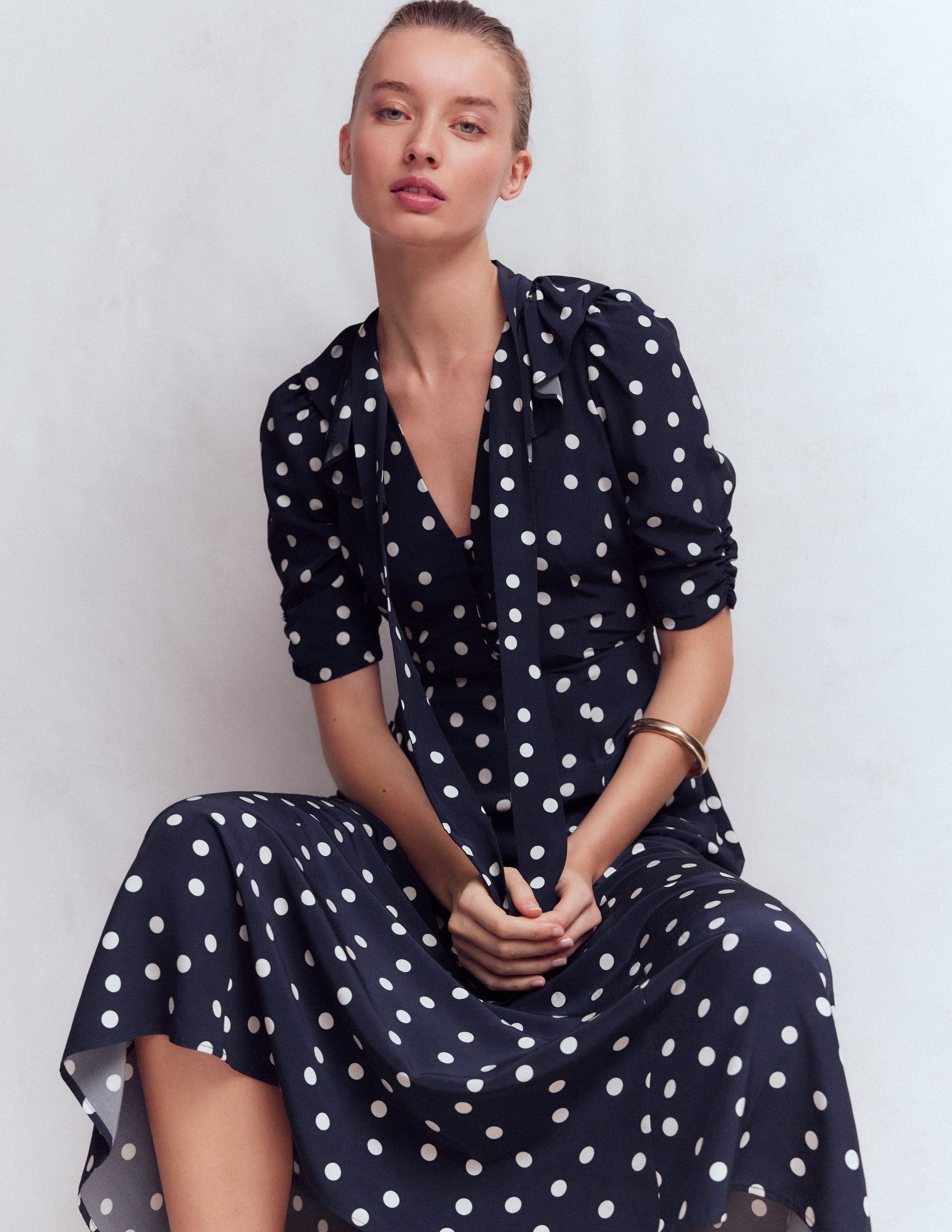 Ruffle Collar Midi Dress-French Navy Painted Spaced Dot | Boden USA Ruffle Collar Midi Dress-French Navy Painted Spaced Dot | Boden USA