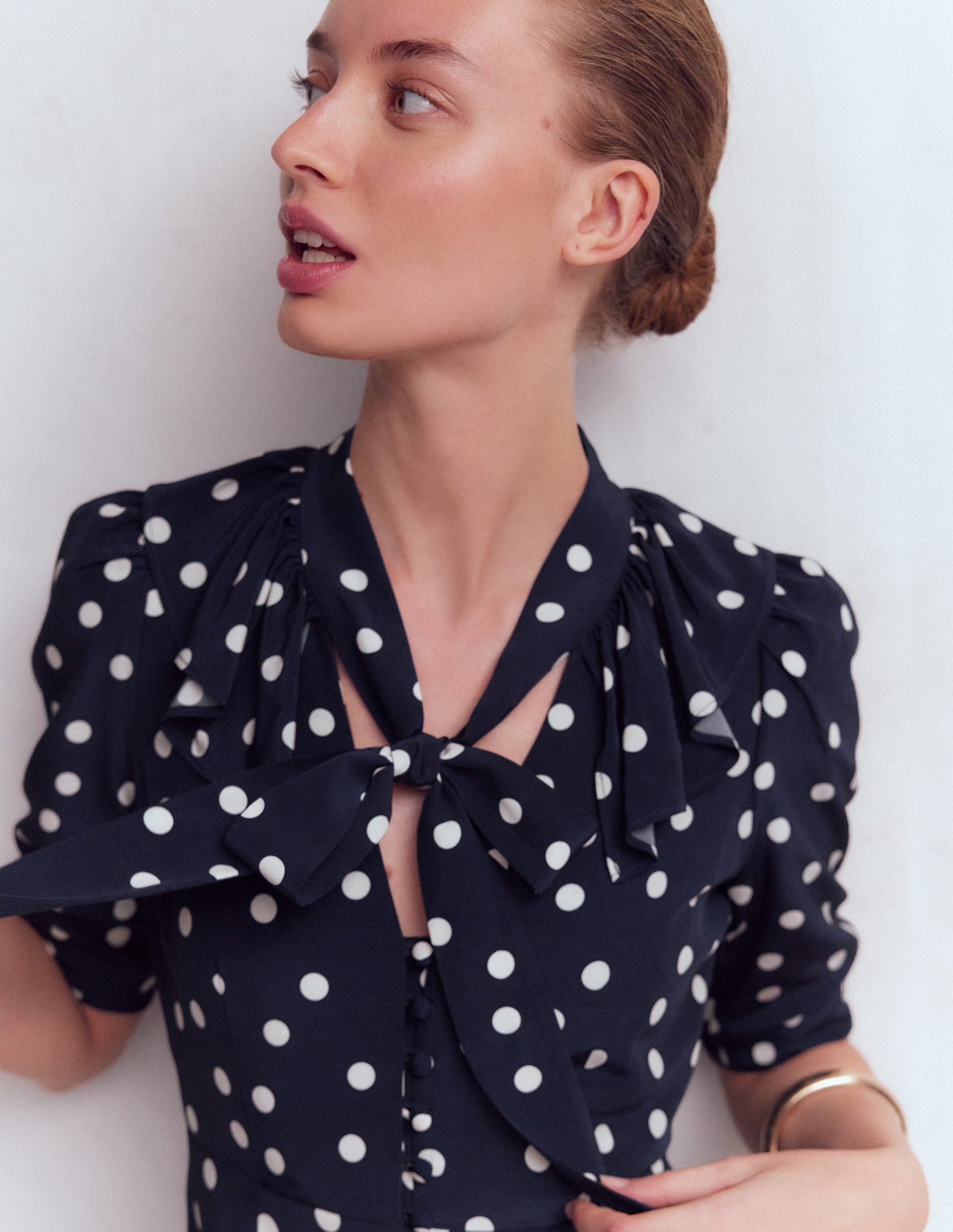 Ruffle Collar Midi Dress-French Navy Painted Spaced Dot-3