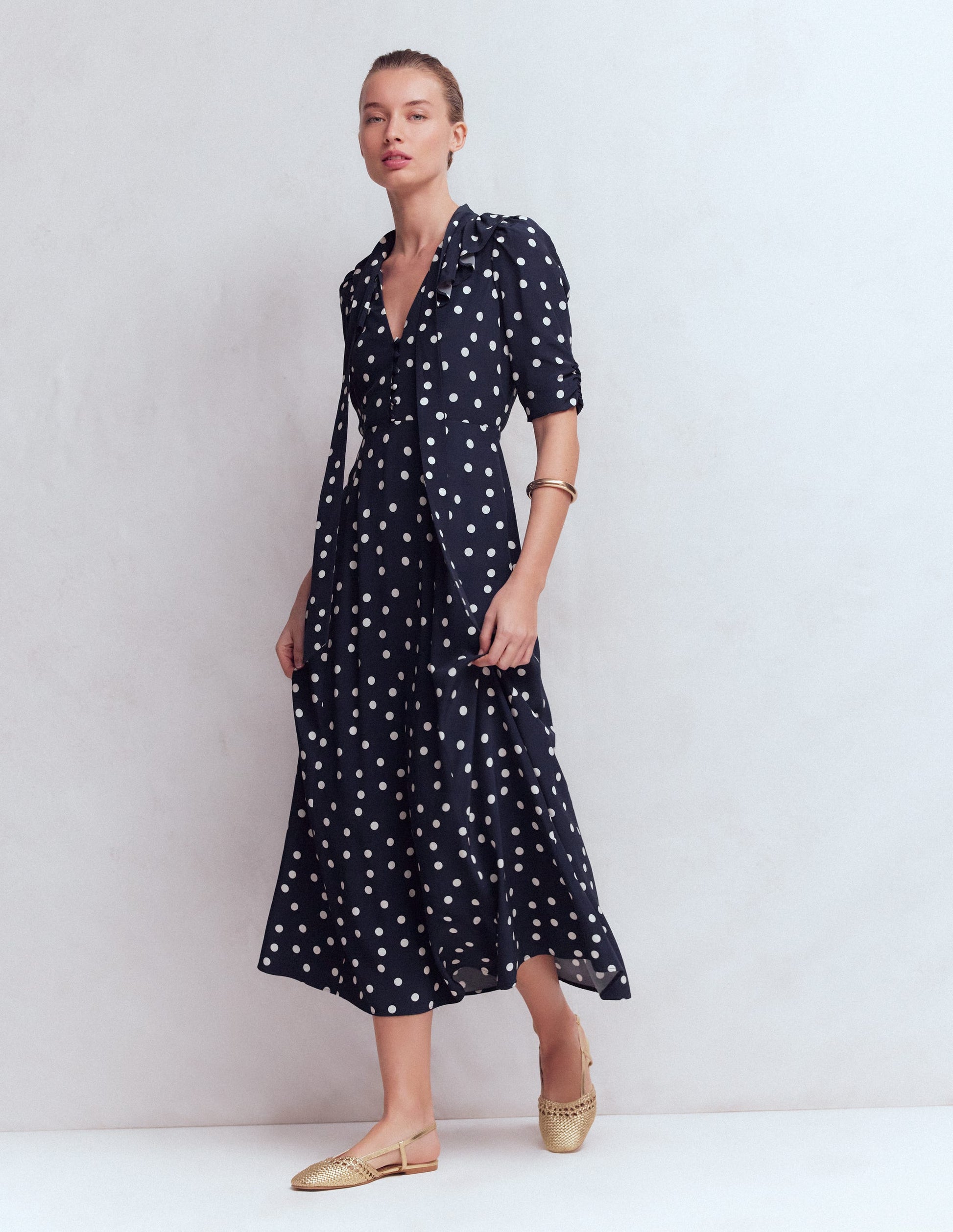 Ruffle Collar Midi Dress-French Navy Painted Spaced Dot | Boden USA Ruffle Collar Midi Dress-French Navy Painted Spaced Dot | Boden USA