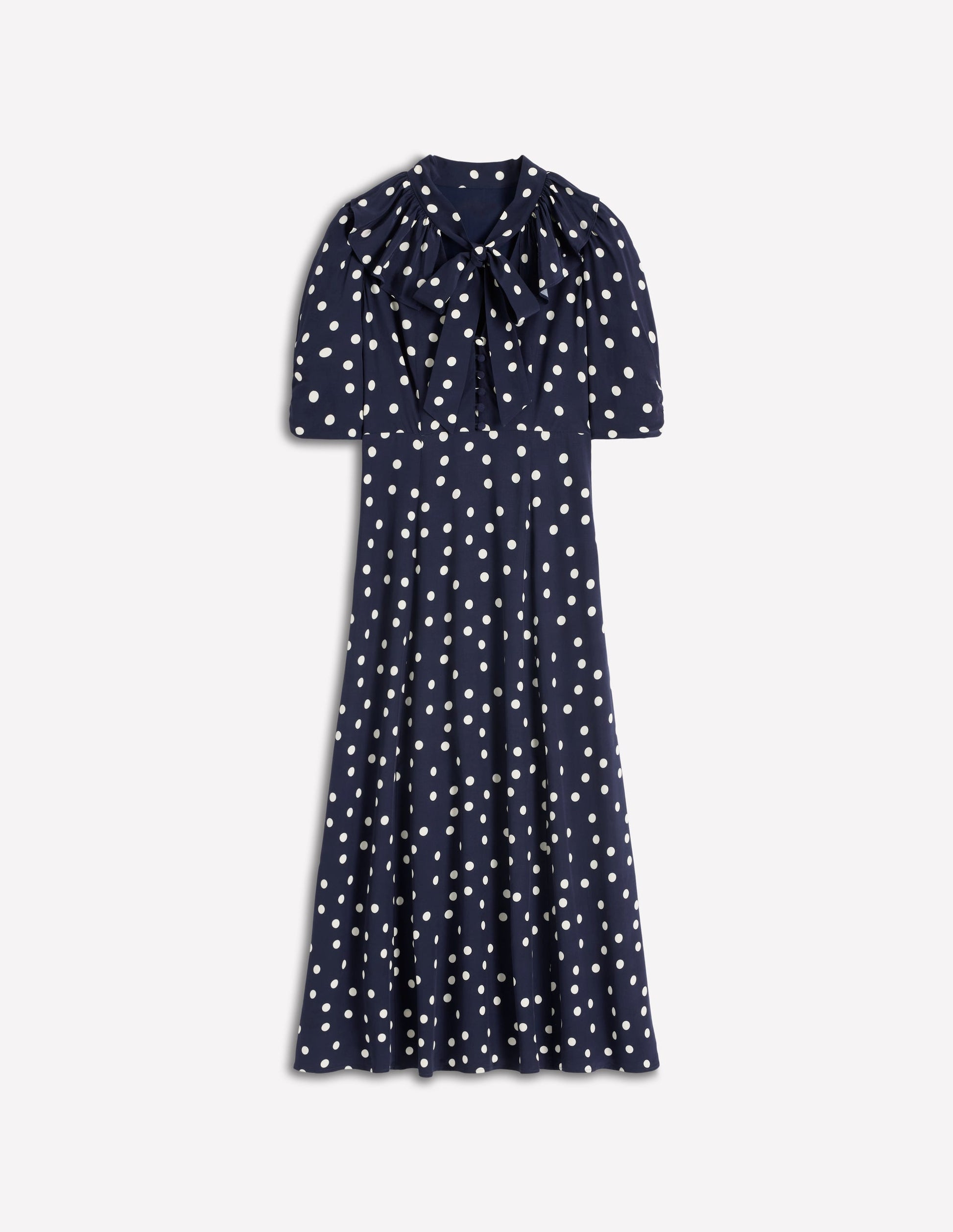 Ruffle Collar Midi Dress-French Navy Painted Spaced Dot | Boden USA Ruffle Collar Midi Dress-French Navy Painted Spaced Dot | Boden USA