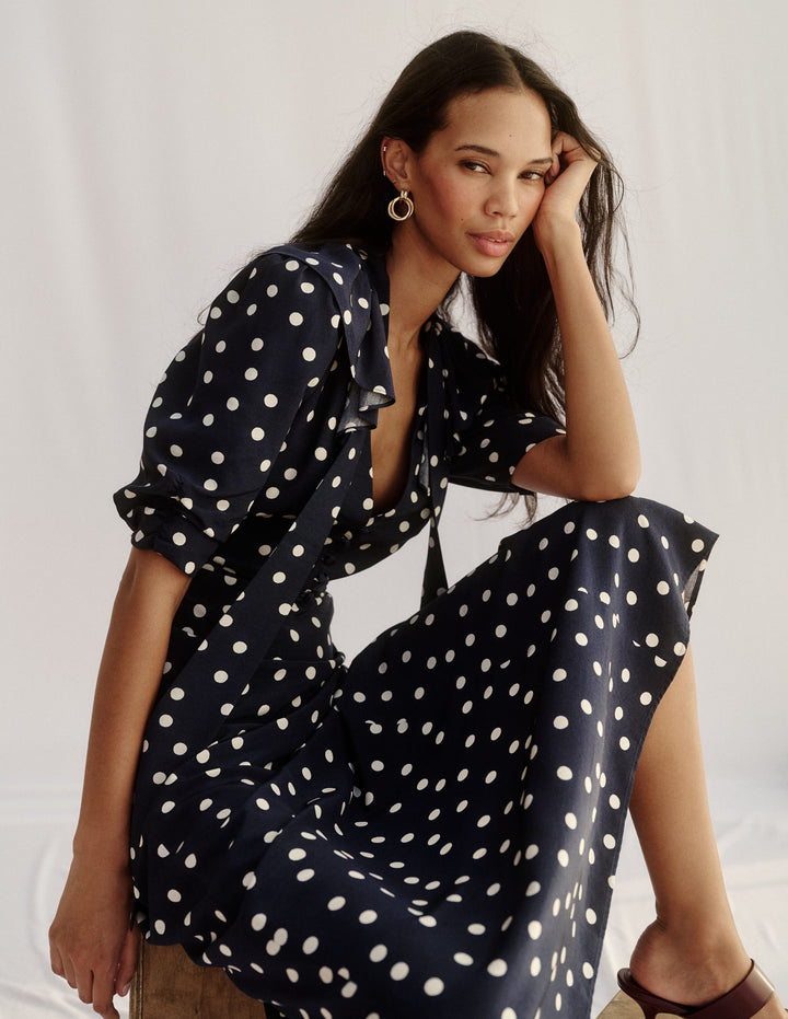 Ruffle Collar Midi Dress-French Navy Painted Spaced Dot