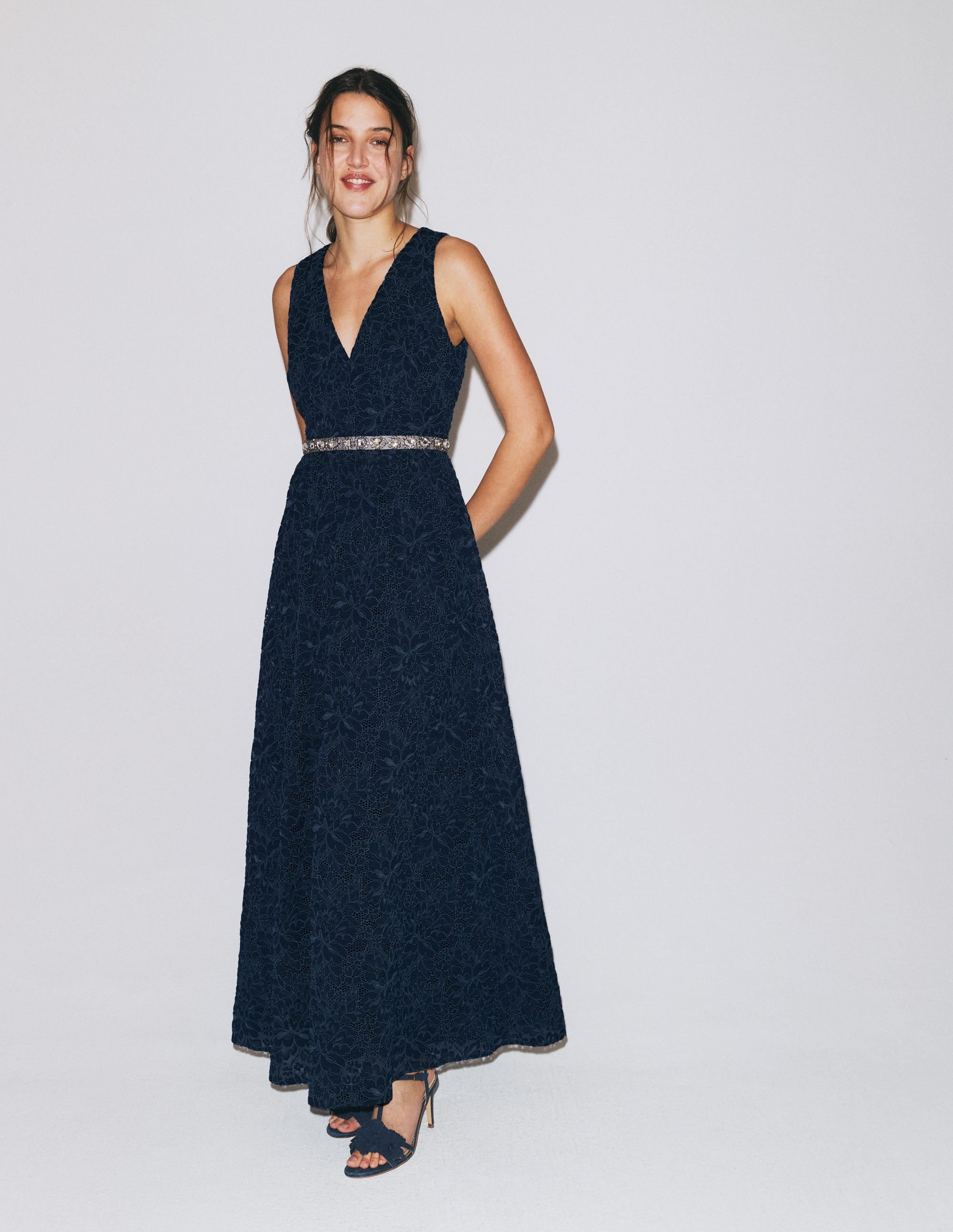 Lace Plunge Neck Panel Dress-Navy - Image 6