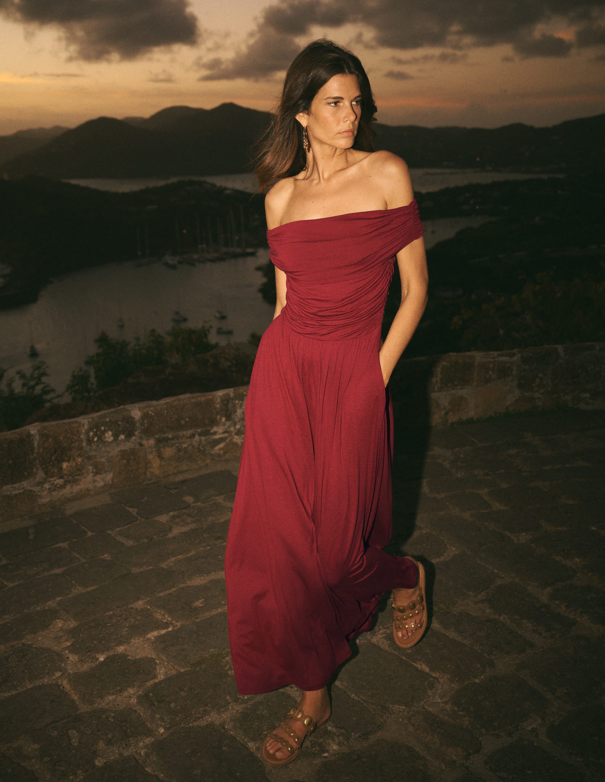 Ruched Bardot Maxi Dress-Burgundy - Image 1