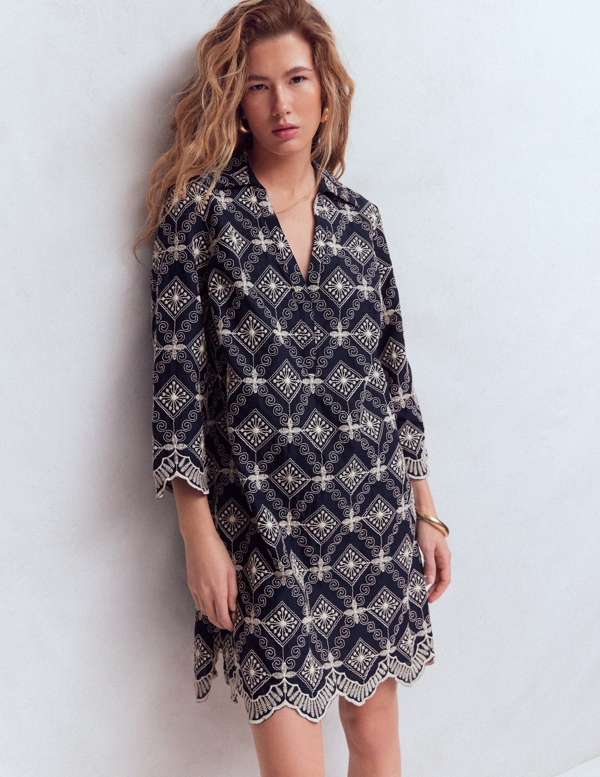 Carmen Broderie Short Dress-Navy Broderie-1
