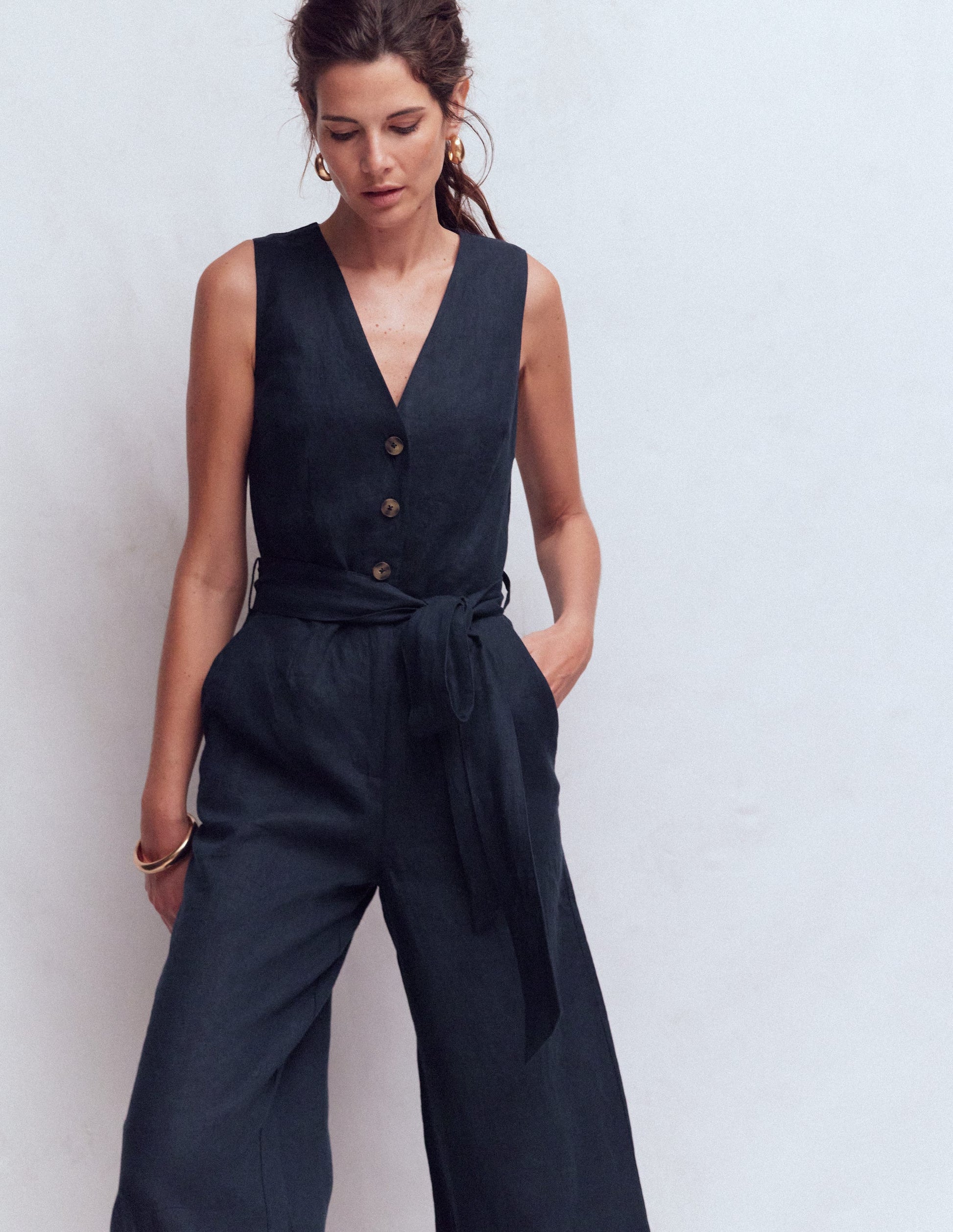 Laura V-neck Linen Jumpsuit-Navy-4