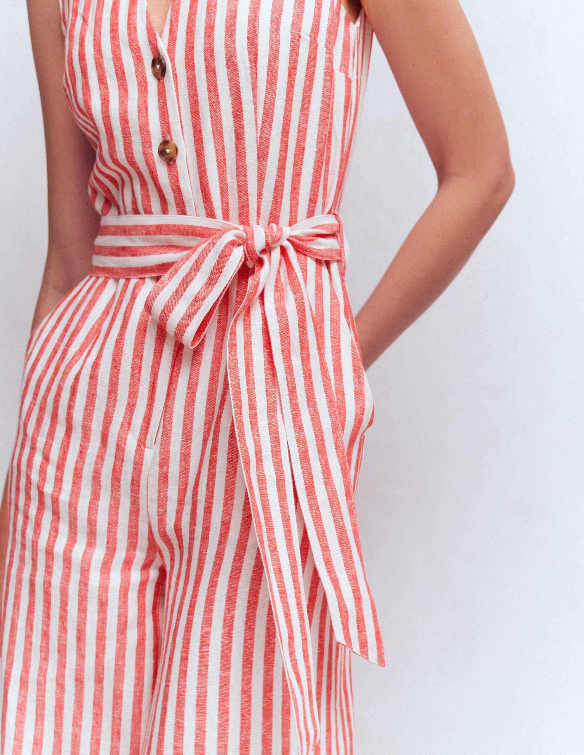 Laura V-neck Linen Jumpsuit-Red, Ivory Stripe - Image 2