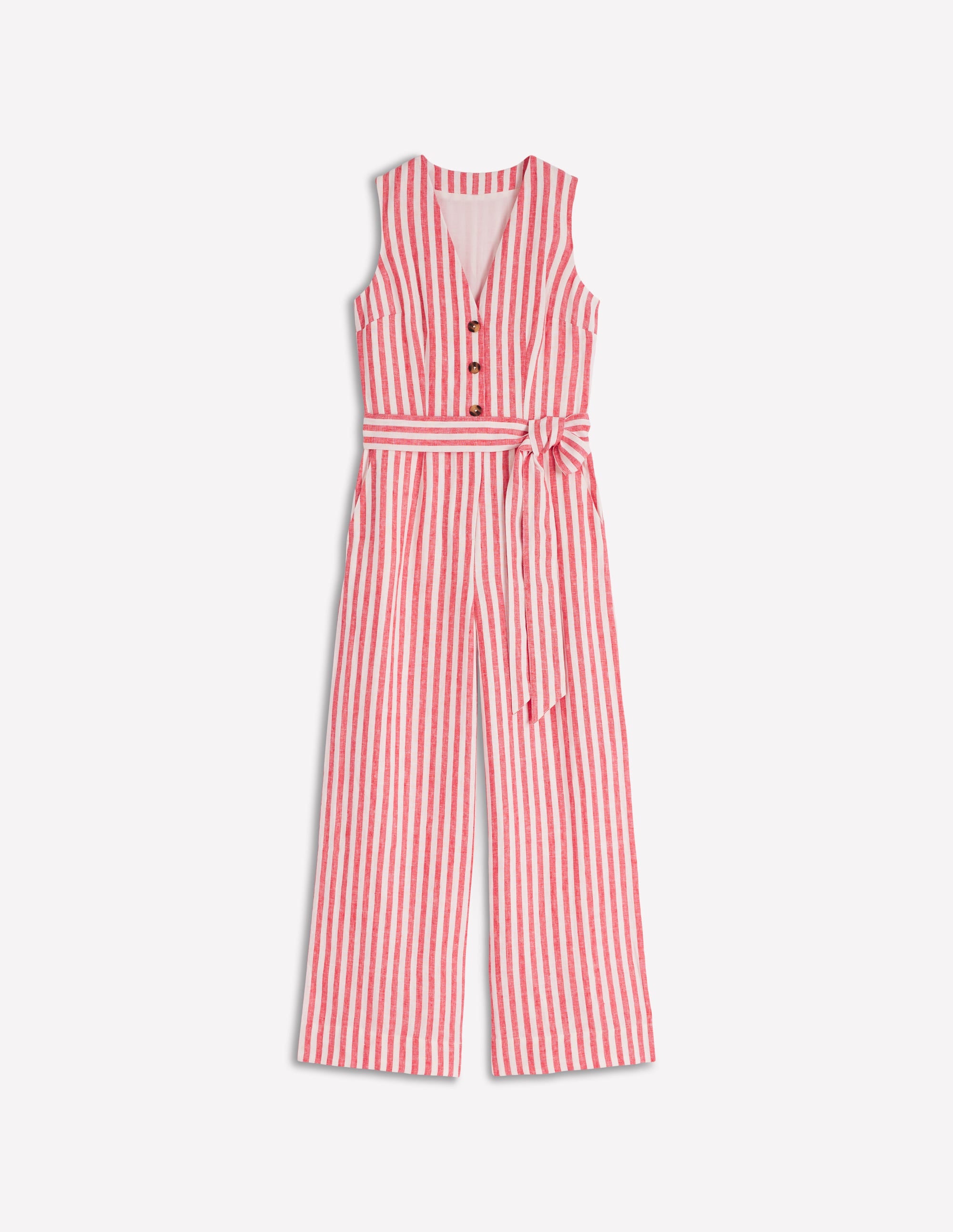 Laura V-neck Linen Jumpsuit-Red, Ivory Stripe - Image 7