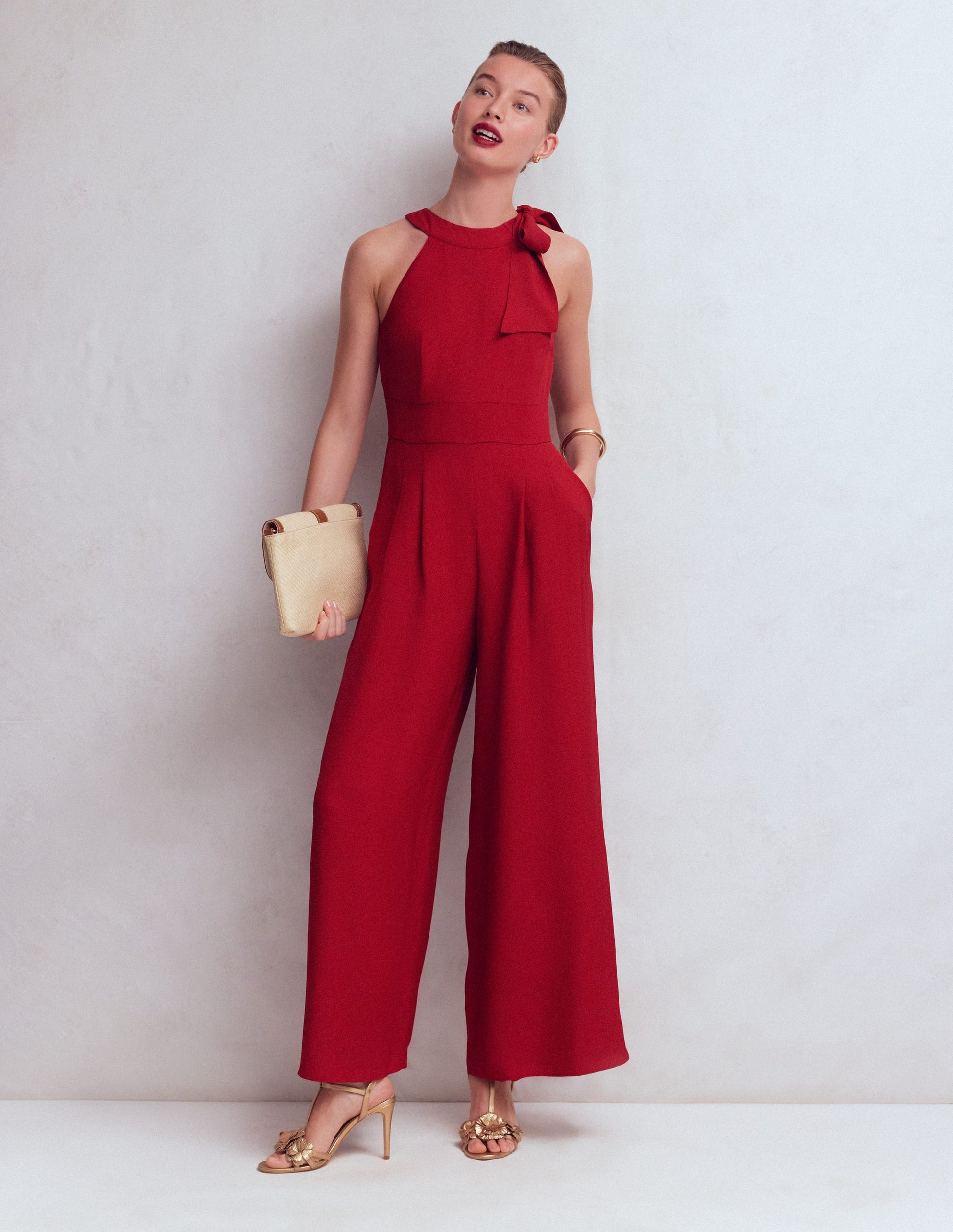 Tie Halter Neck Jumpsuit-Red Pear-1