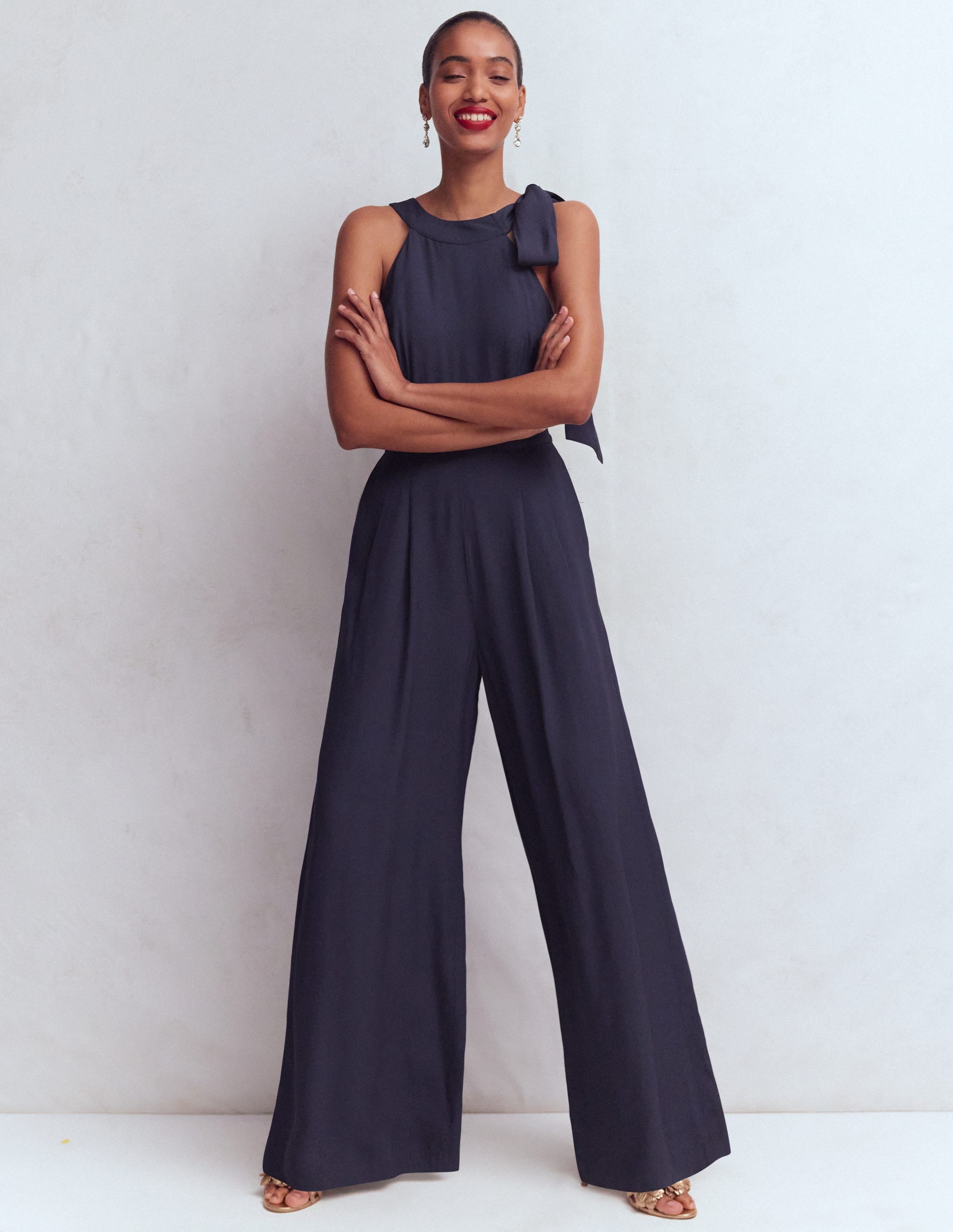 Tie Halter Neck Jumpsuit-Navy - Image 1
