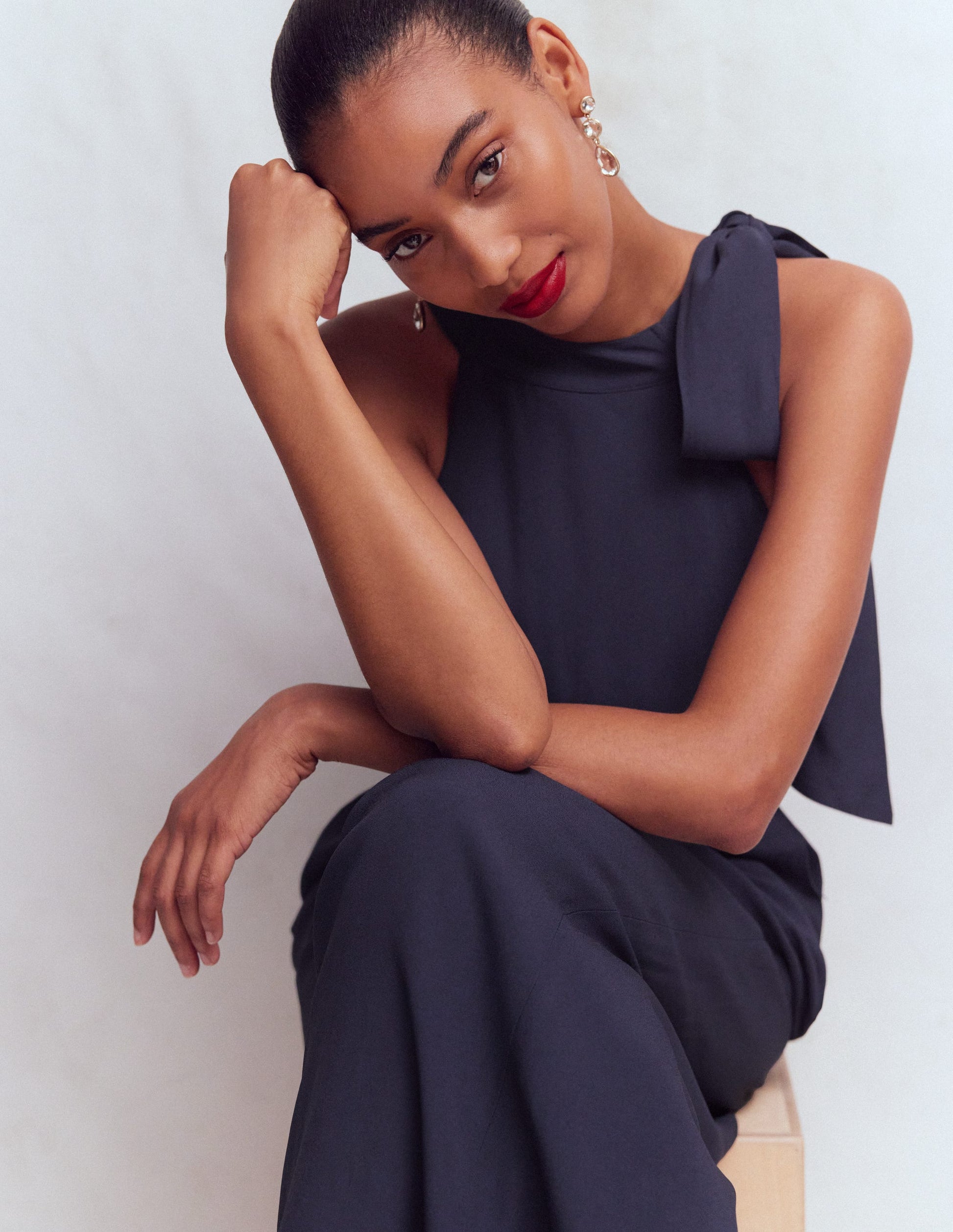 Tie Halter Neck Jumpsuit-Navy-2