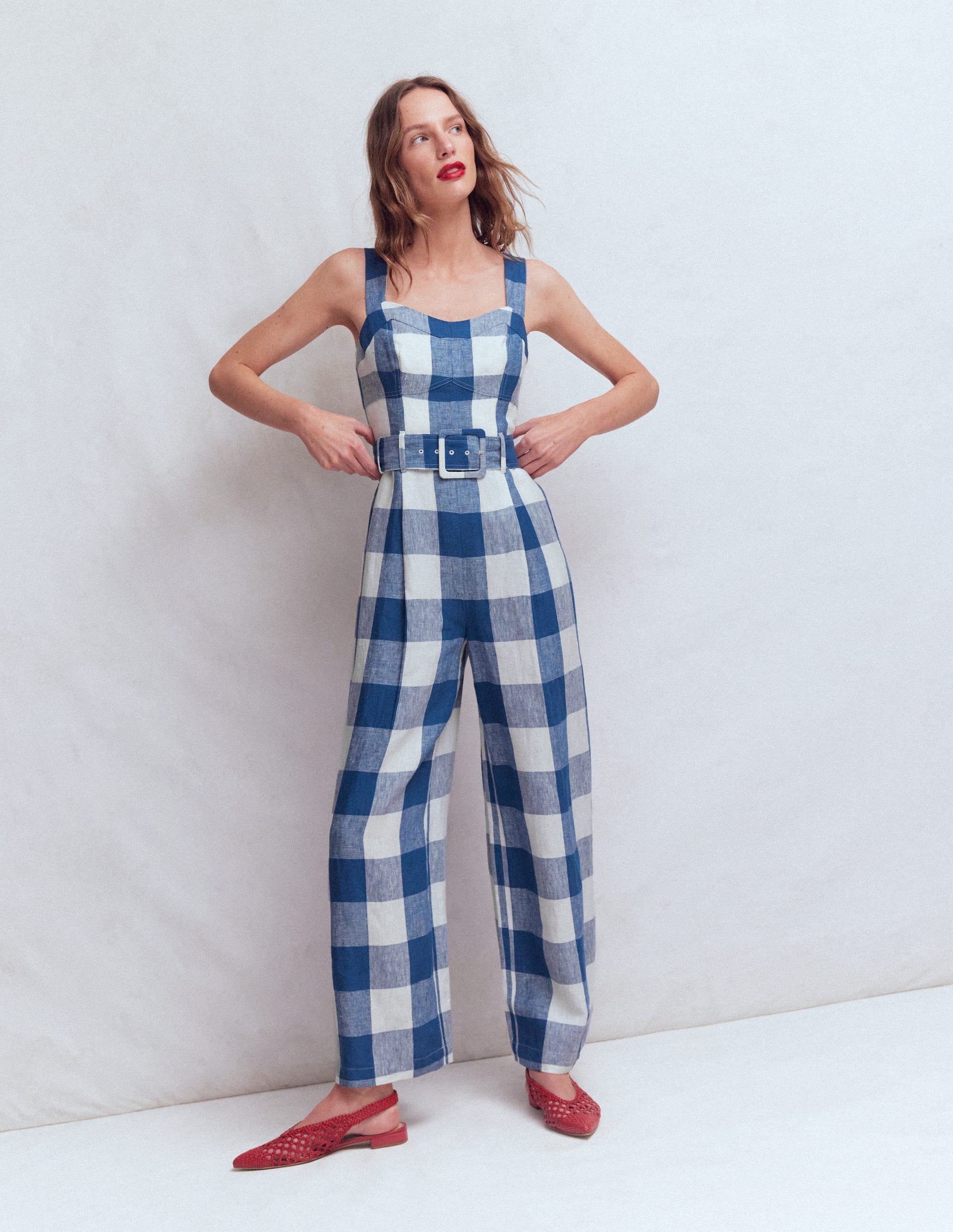 Panelled Bodice Linen Jumpsuit-Denim Blue Gingham - Image 1