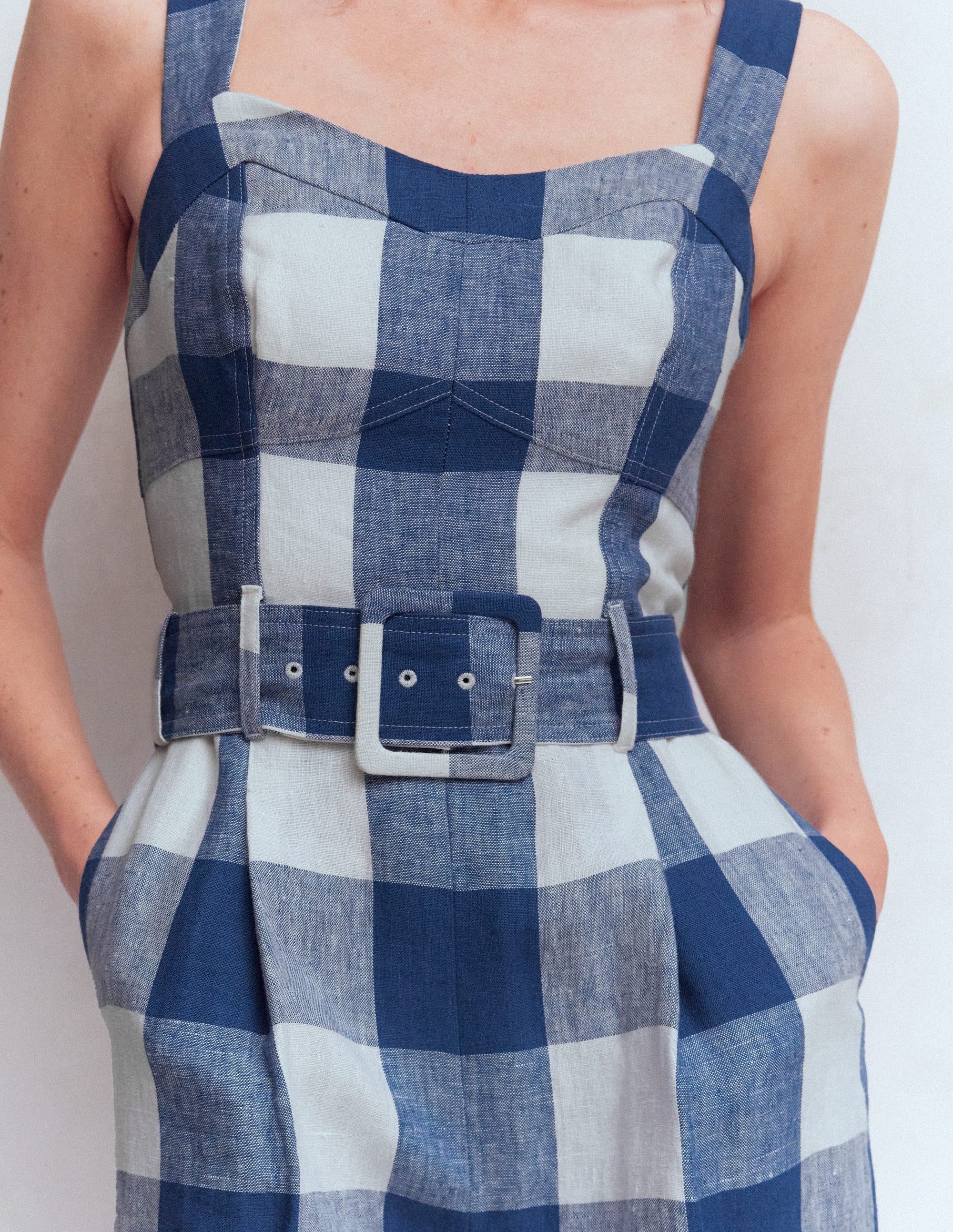 Panelled Bodice Linen Jumpsuit-Denim Blue Gingham - Image 2