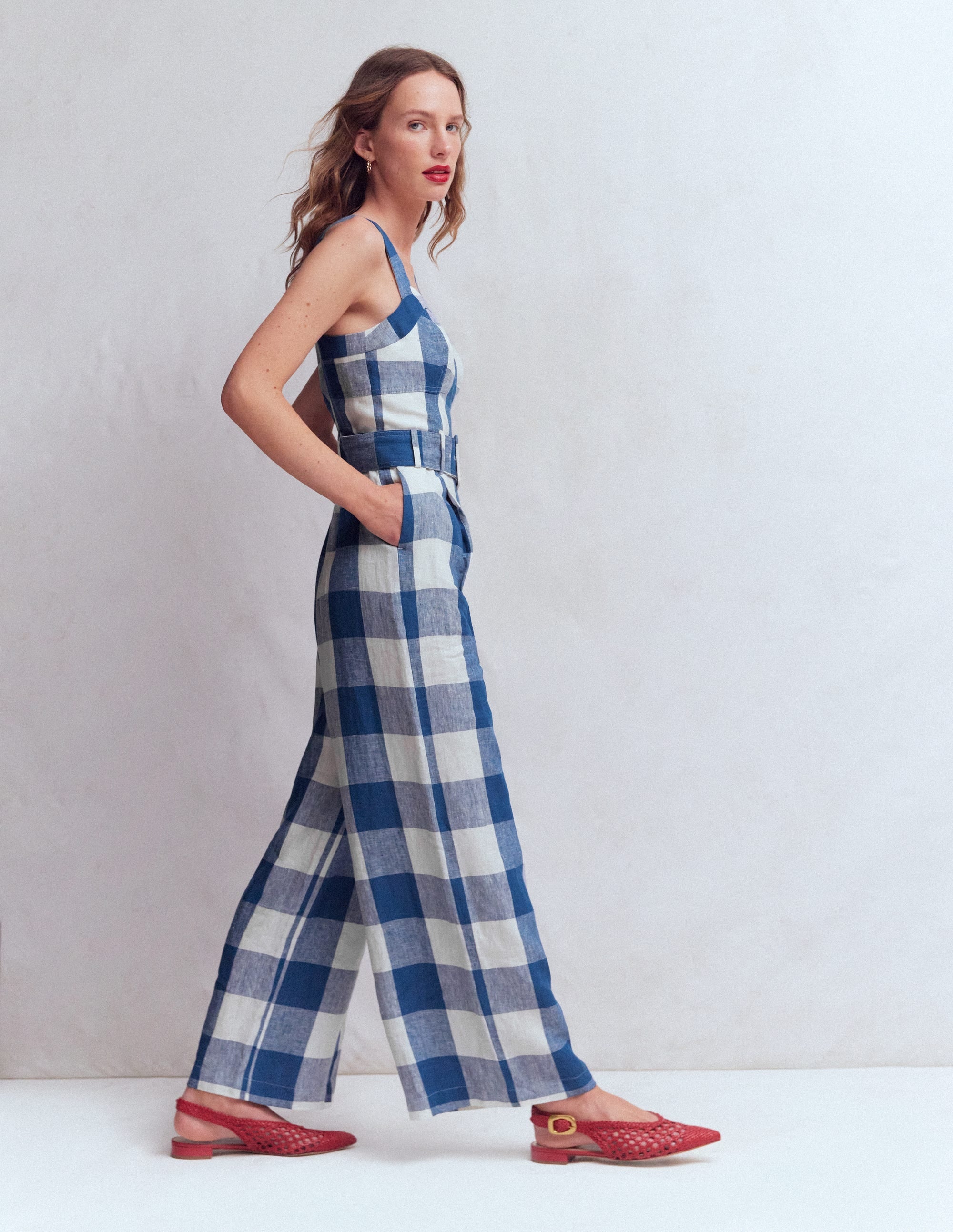 Panelled Bodice Linen Jumpsuit-Denim Blue Gingham - Image 5