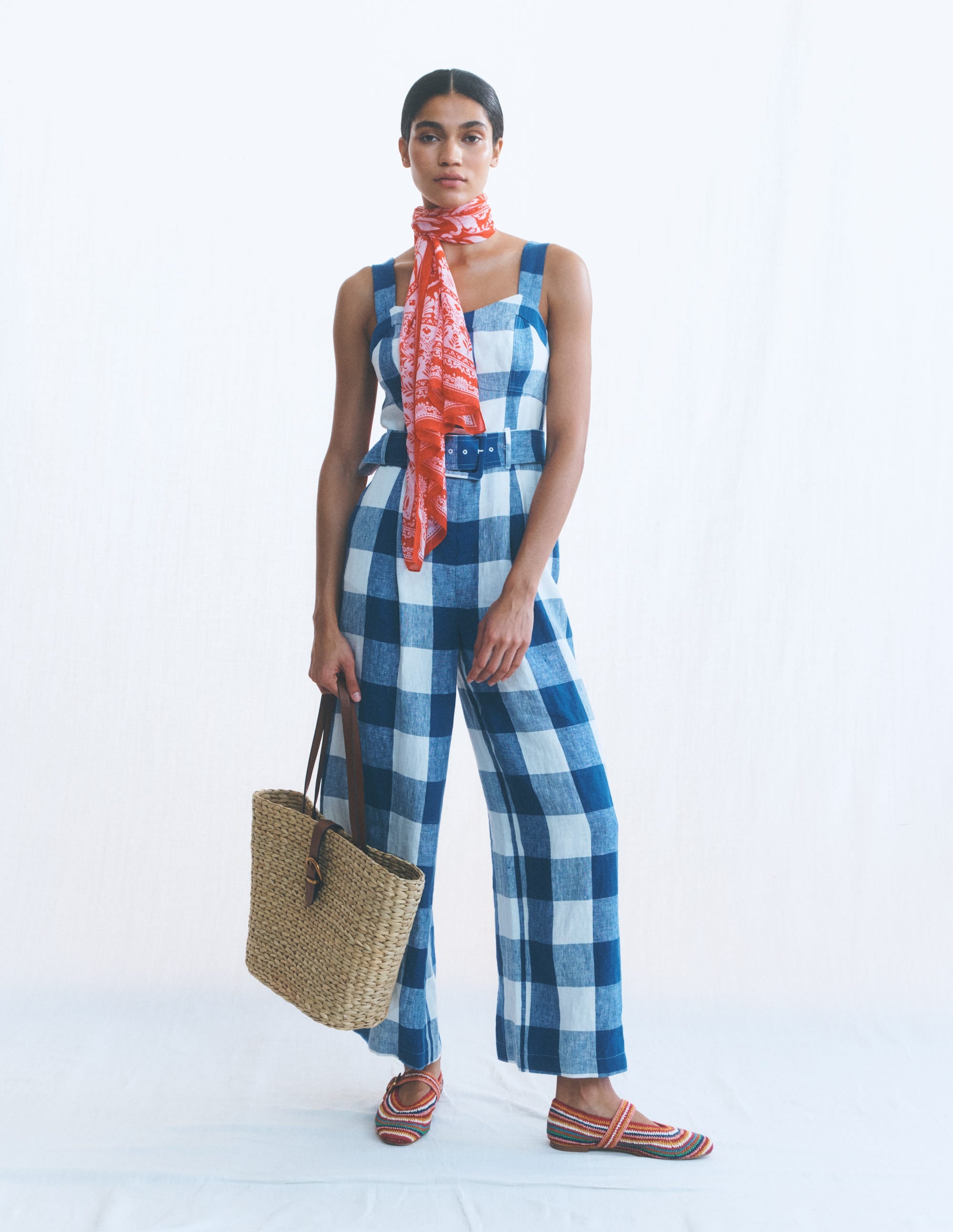 Panelled Bodice Linen Jumpsuit-Denim Blue Gingham - Image 7