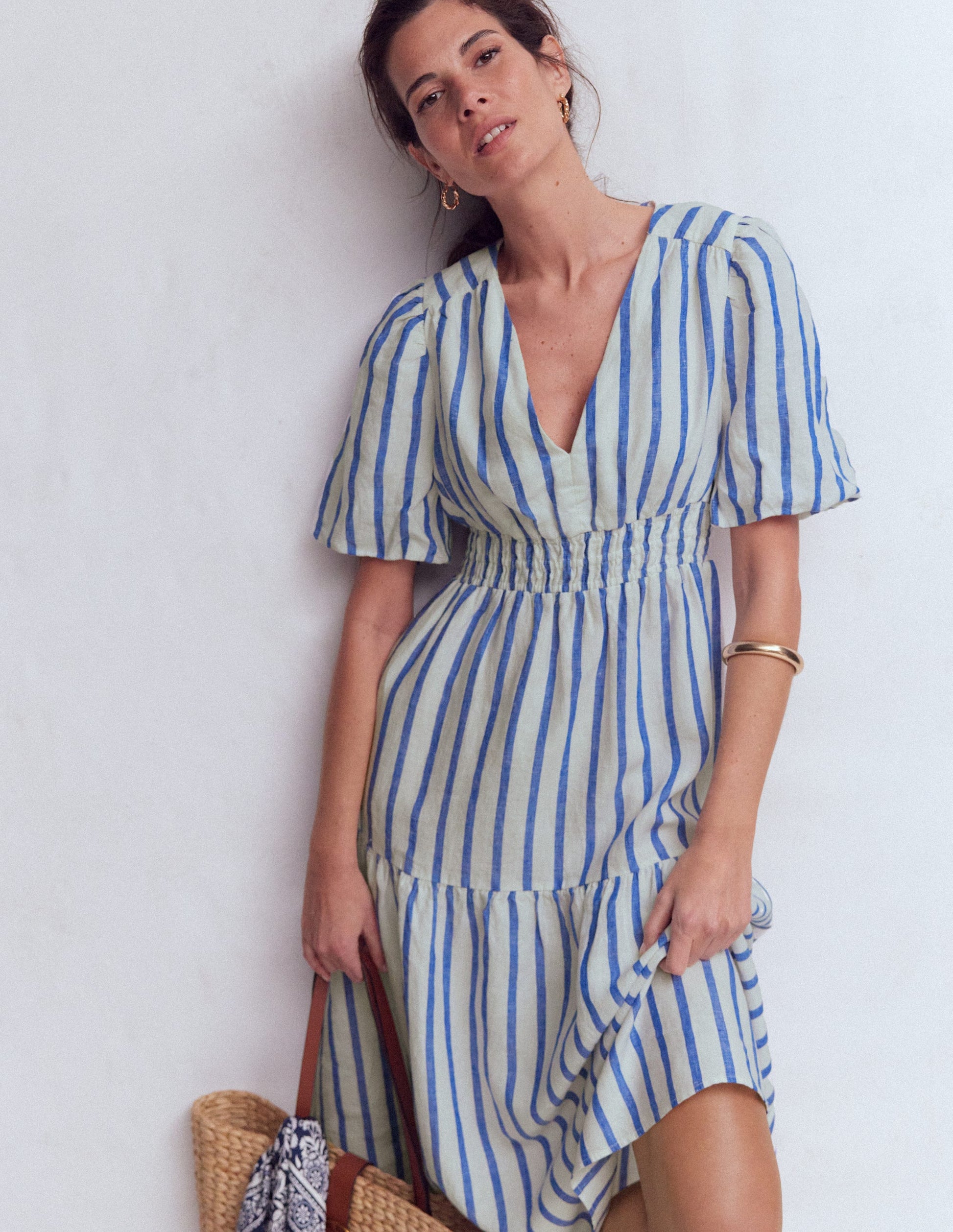 knee length dresses for ladies Irene Linen Midi Dress-Blue Stripe
