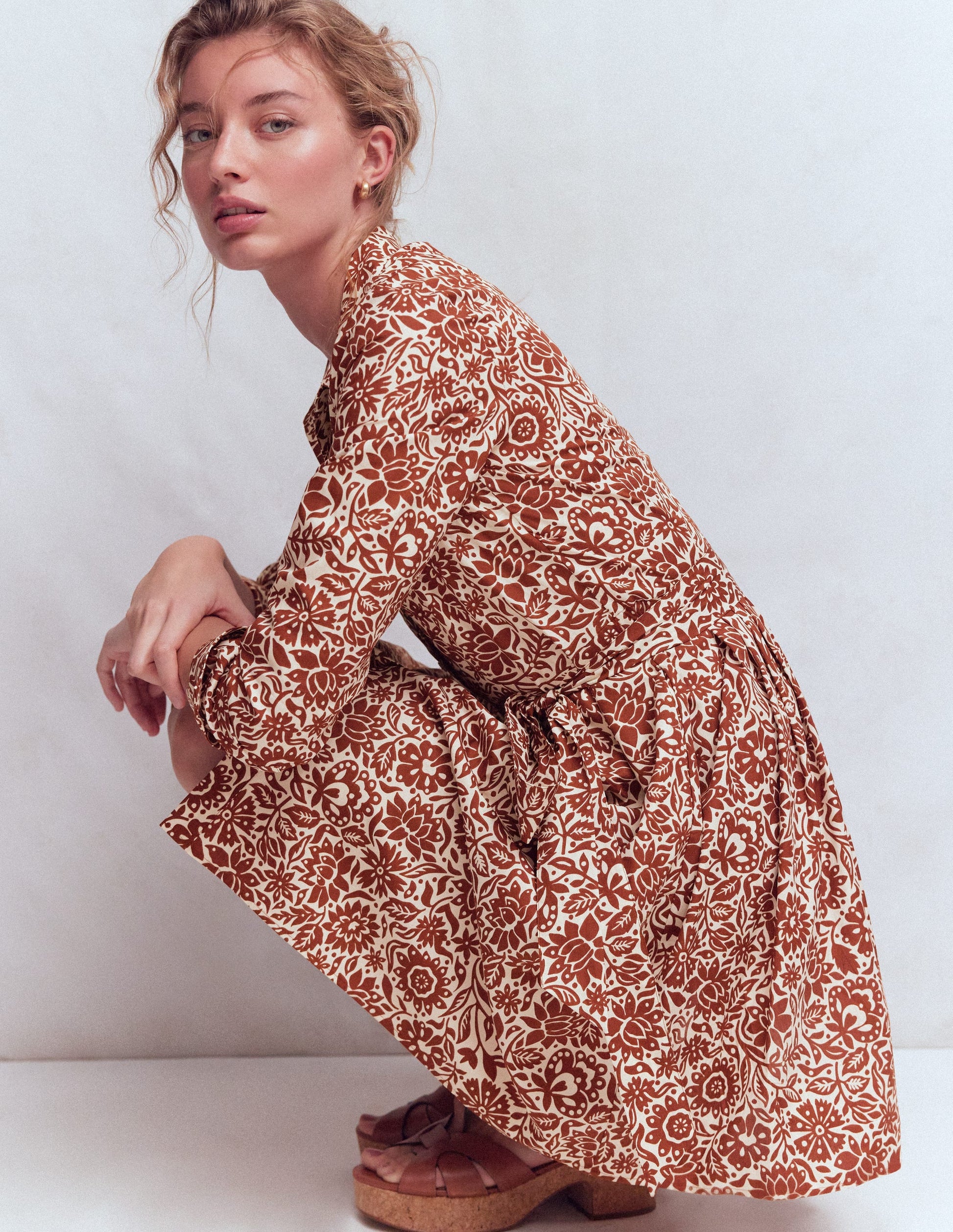 Alexa Long Sleeve Short Dress-Brown, Meadow Scatter-1