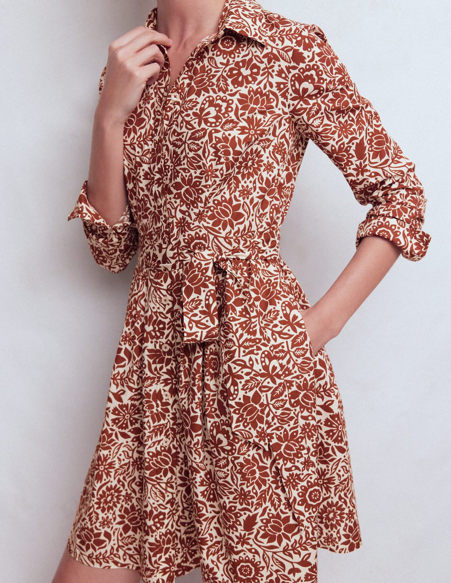 Alexa Long Sleeve Short Dress-Brown, Meadow Scatter