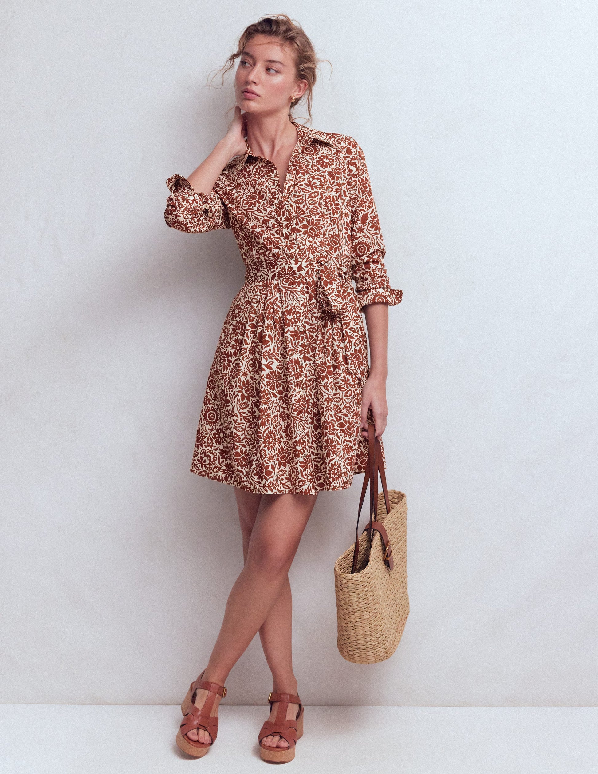 Alexa Long Sleeve Short Dress-Brown, Meadow Scatter-5