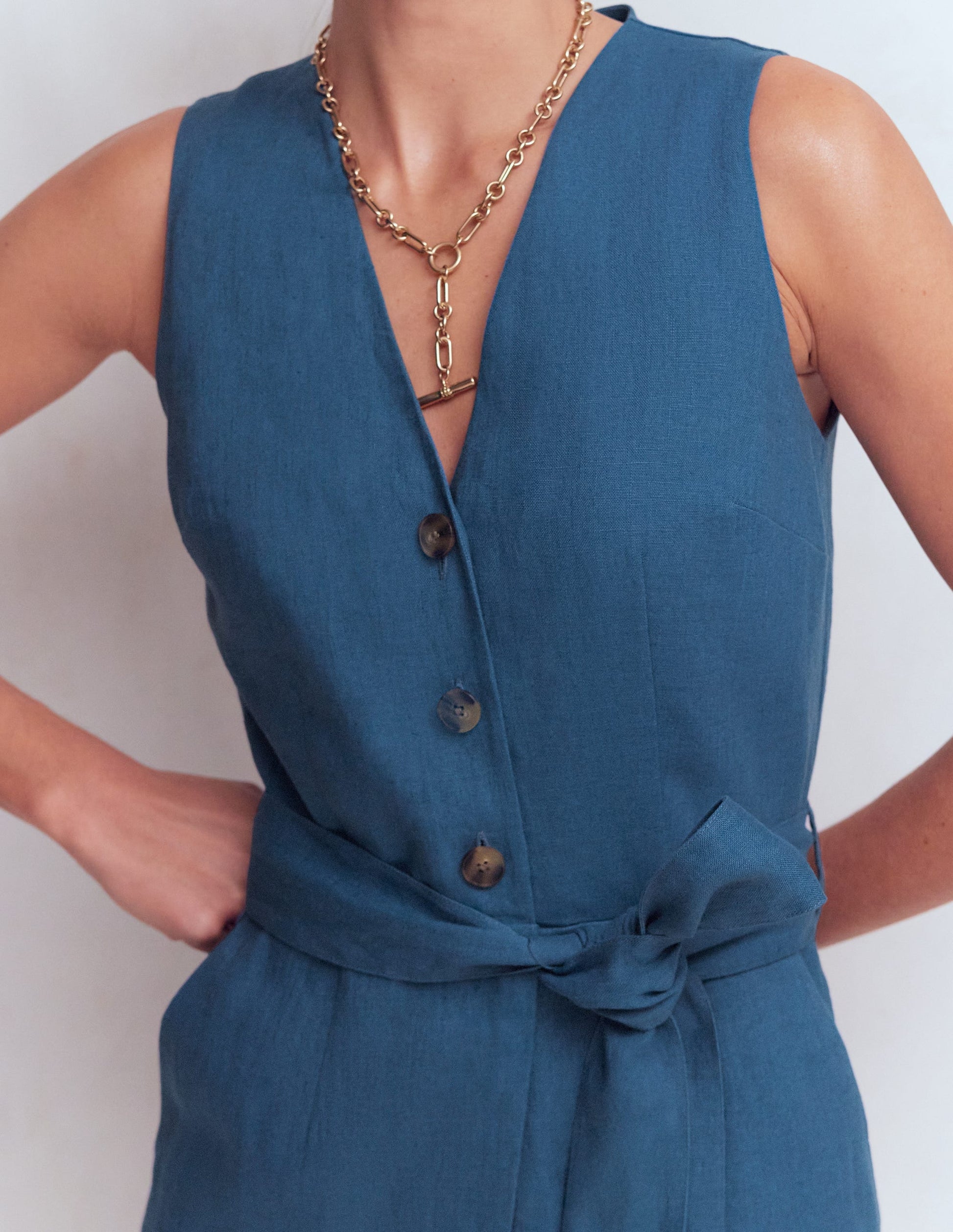 Laura V-neck Linen Playsuit-Tourmaline Blue-2