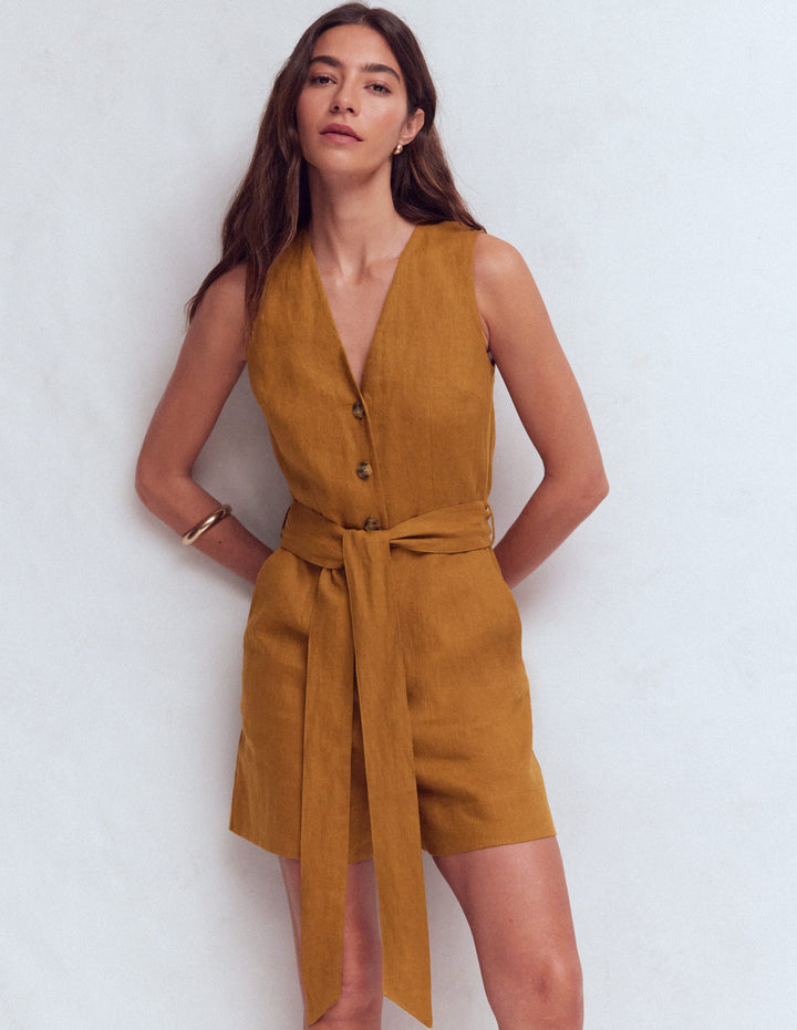 Laura V-neck Linen Playsuit-Gingerbread