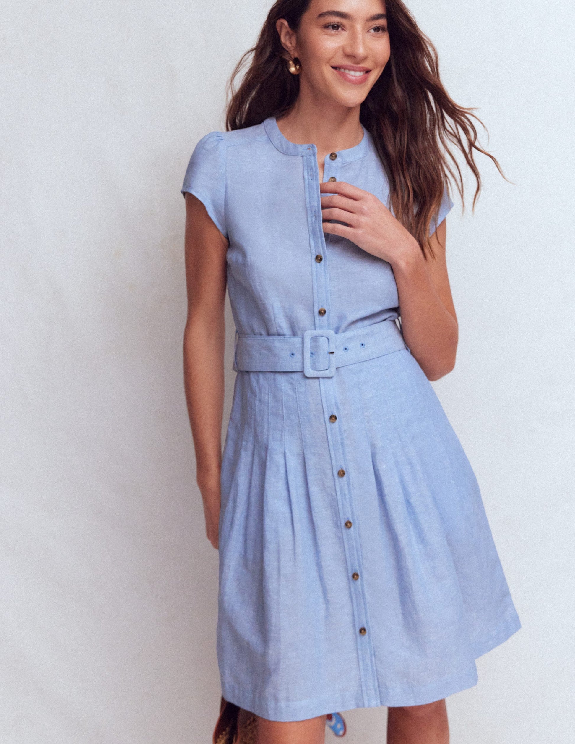 knee length dresses for ladies Arabella Short Linen Dress-Chambray