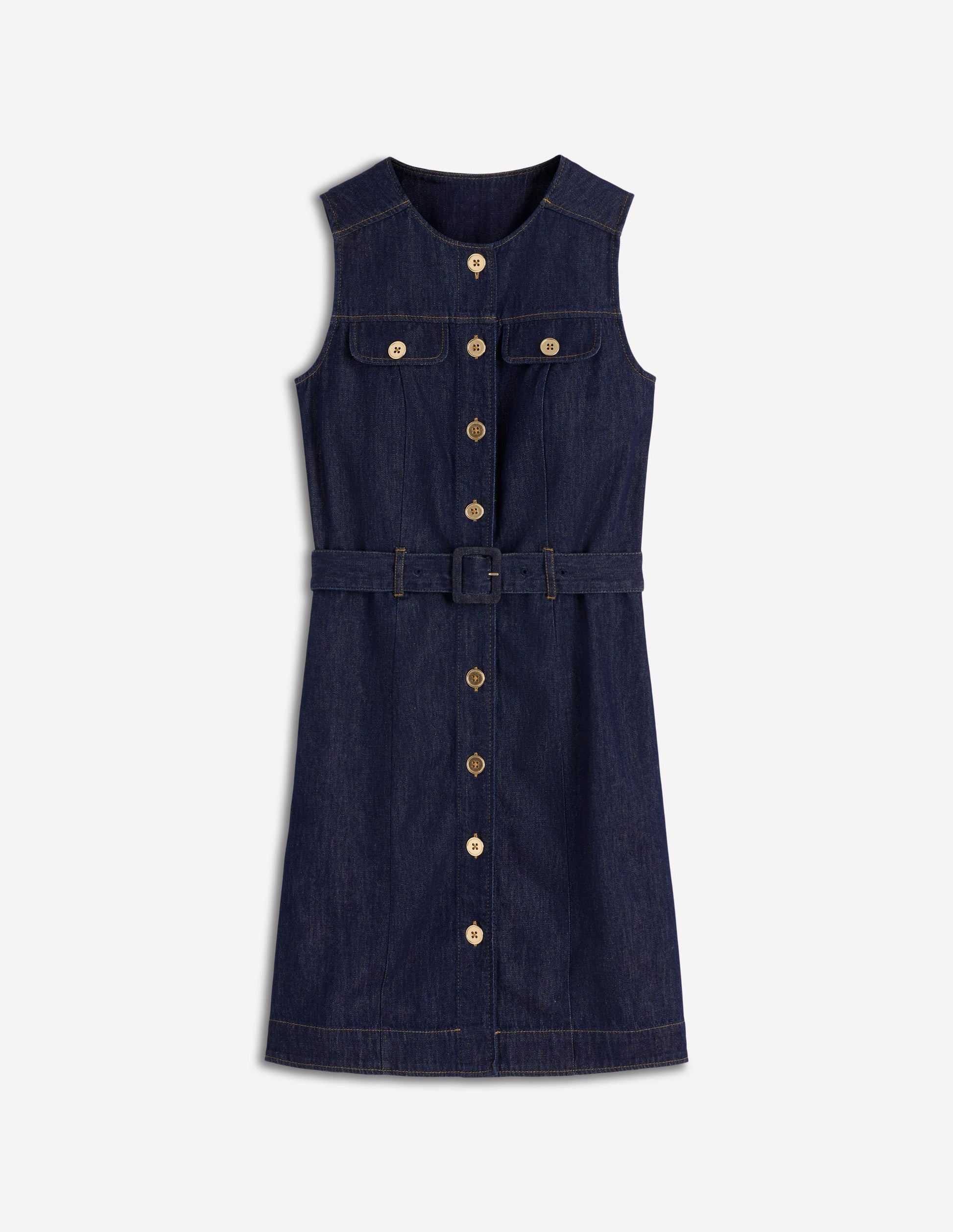 Short Gold Button Denim Dress-Indigo-6