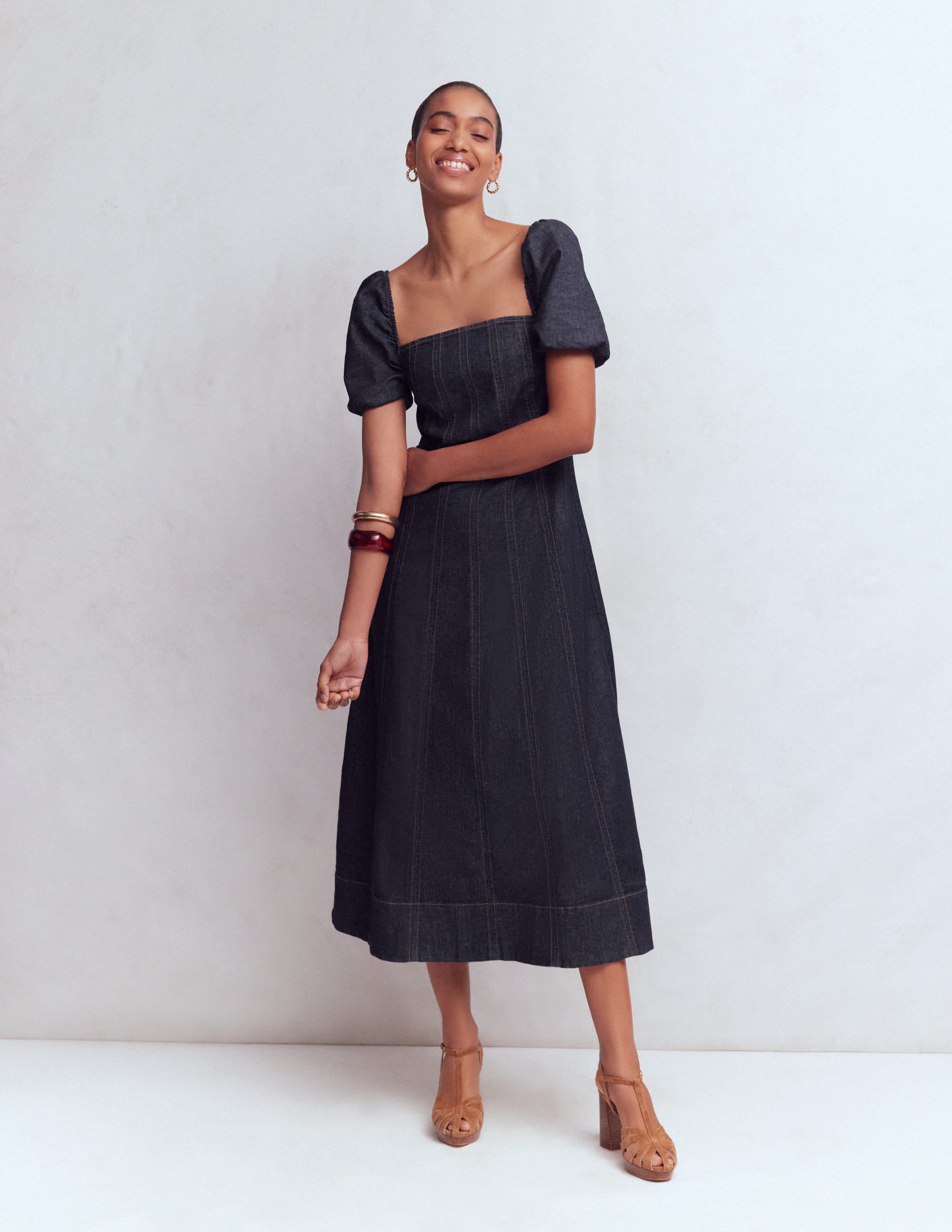 Puff Sleeve Denim Dress-Indigo - Image 1