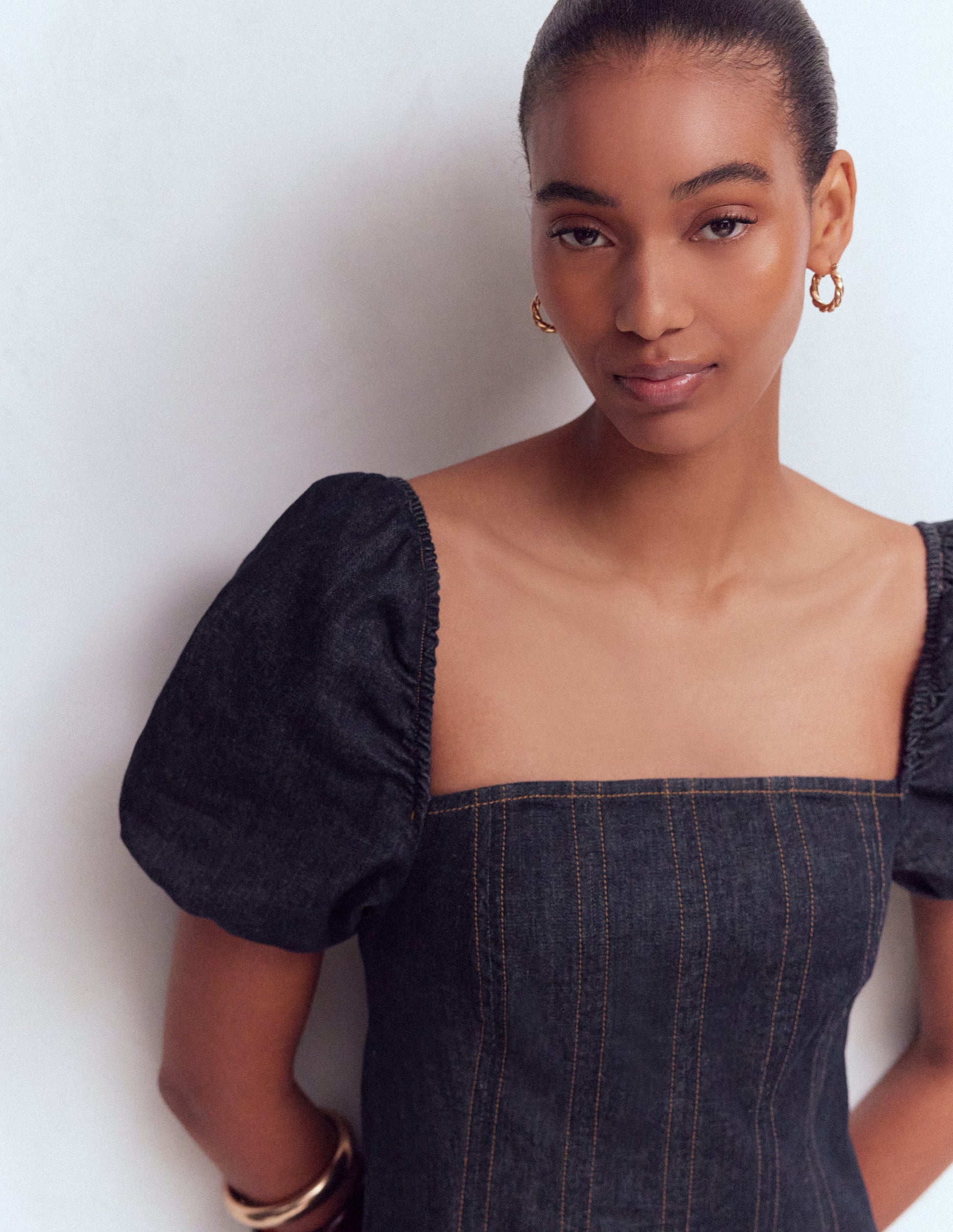 Puff Sleeve Denim Dress-Indigo-2