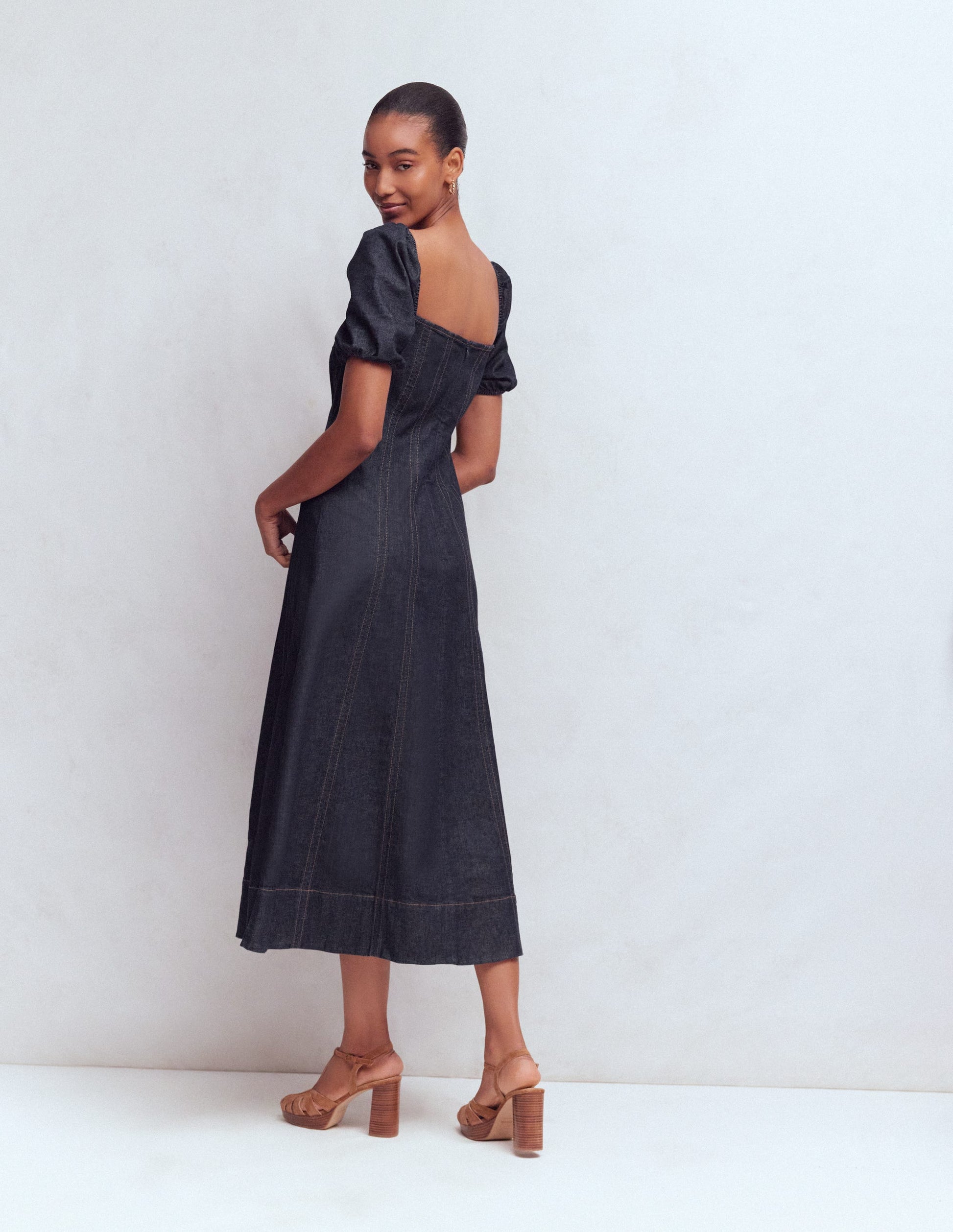 Puff Sleeve Denim Dress-Indigo-3