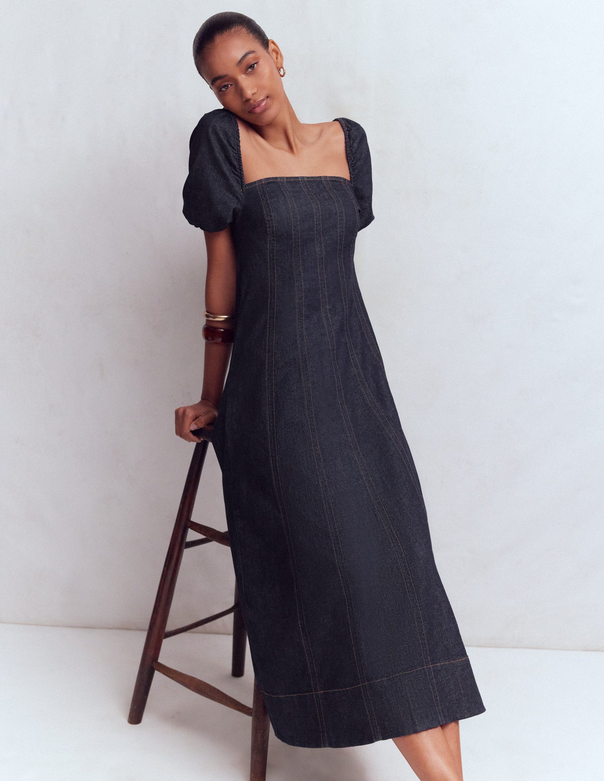 Puff Sleeve Denim Dress-Indigo-4