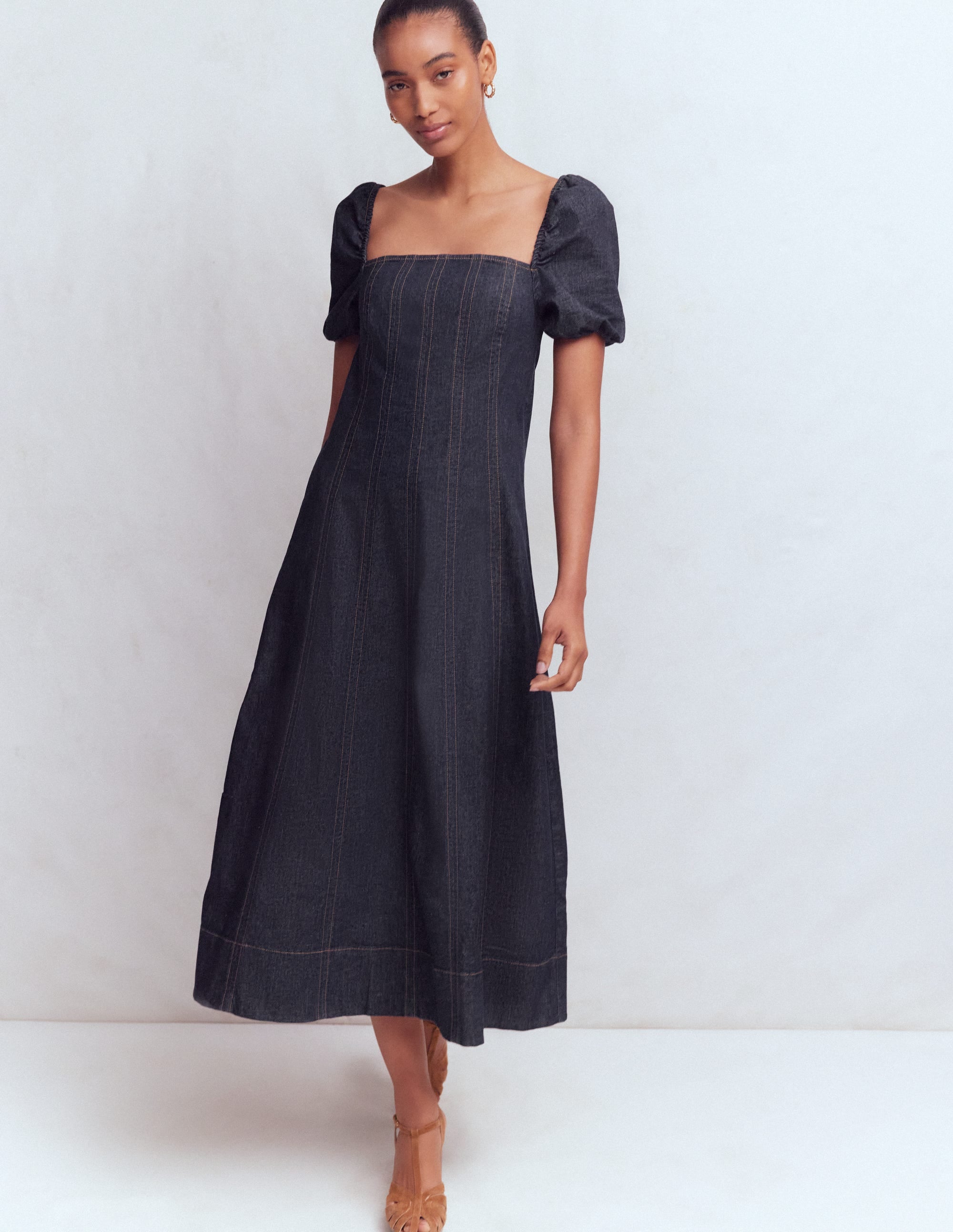 Puff Sleeve Denim Dress-Indigo - Image 5
