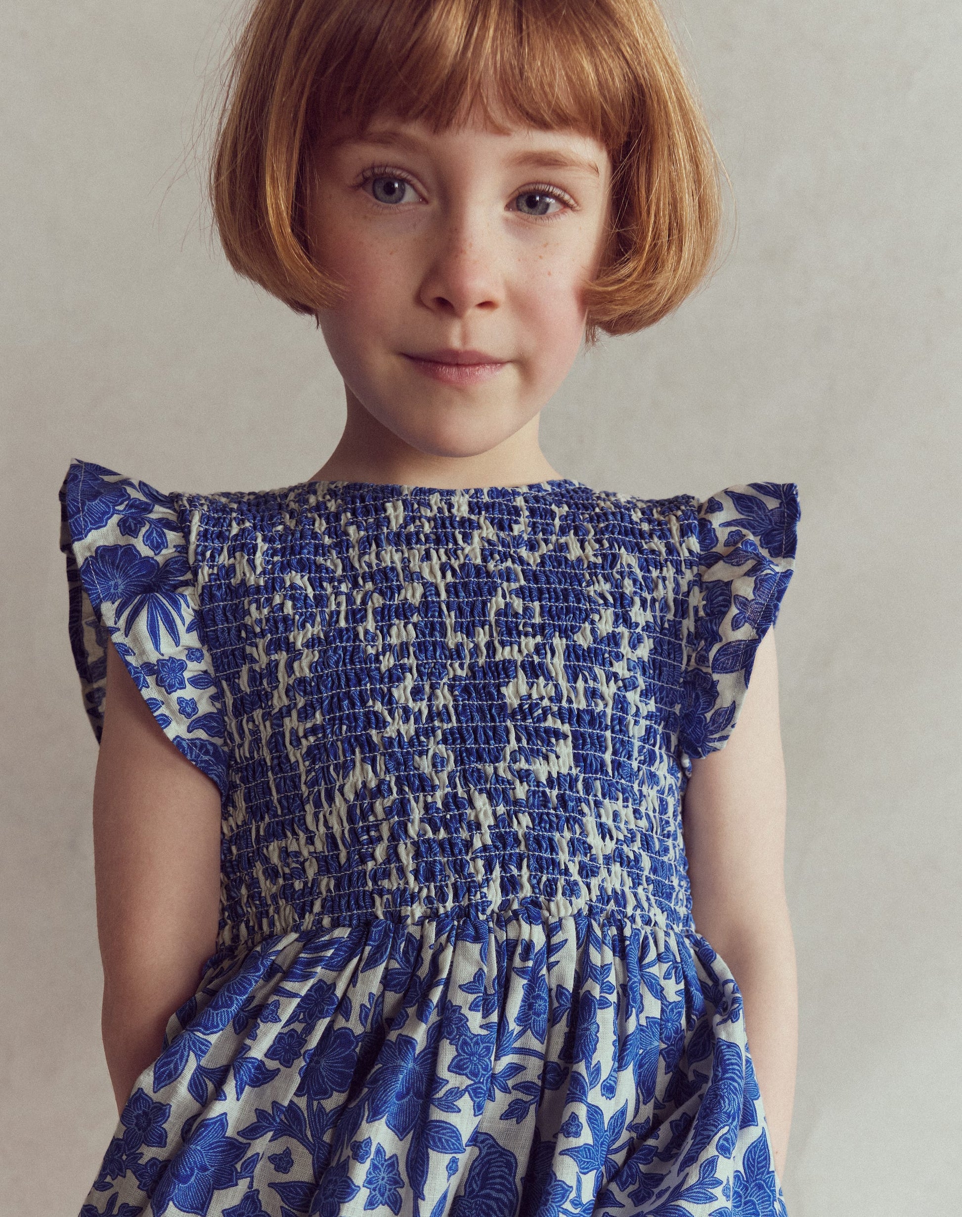 Boden Girls Bow Back Shirred Dress in Blue | Size 4-5 Years