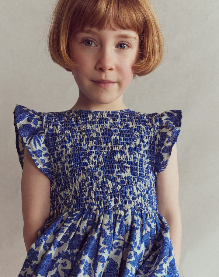 Bow Back Shirred Dress-Bright Blue Jungle Woodblock