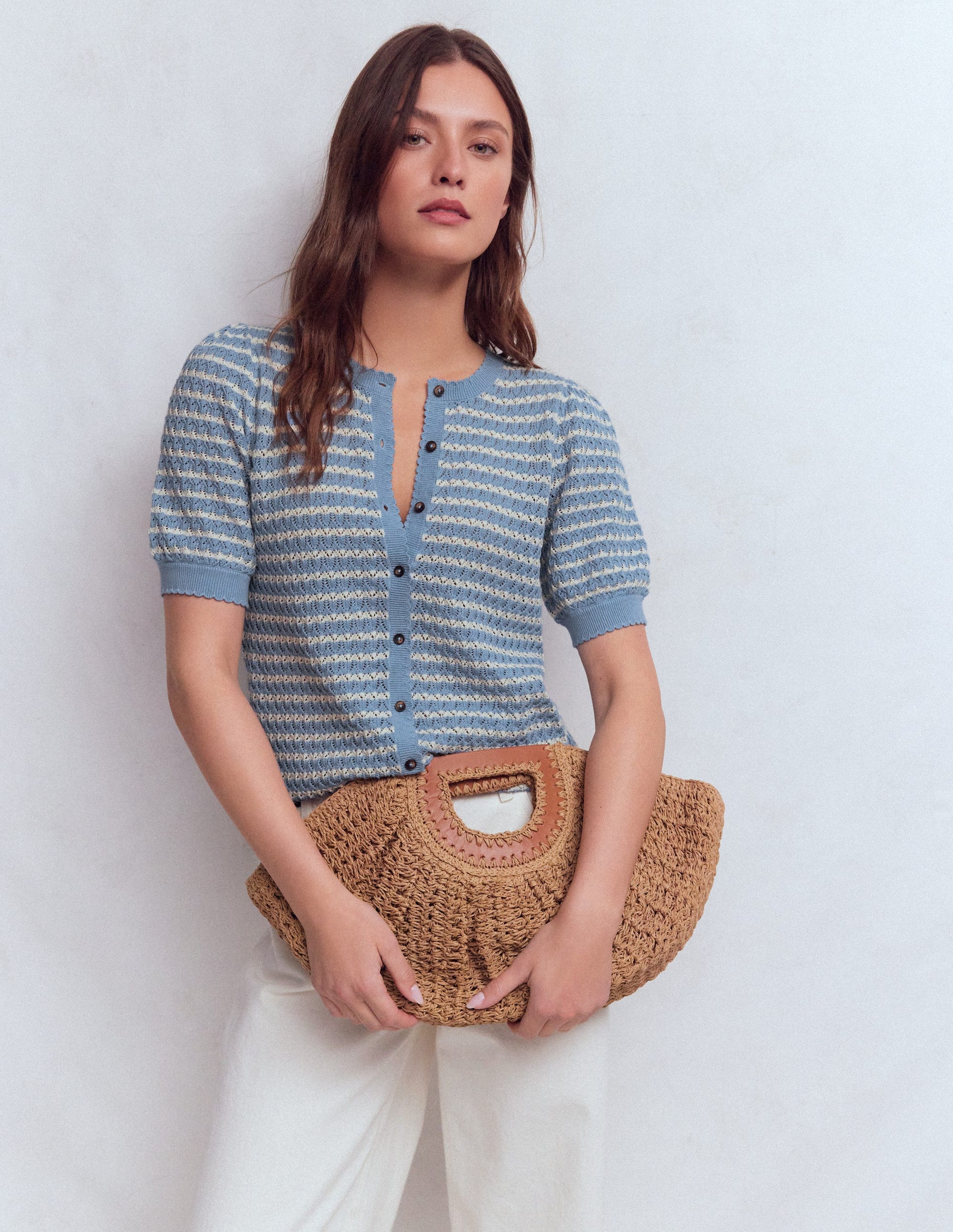 Dot Pointelle Cardigan-Blue Stripe-1