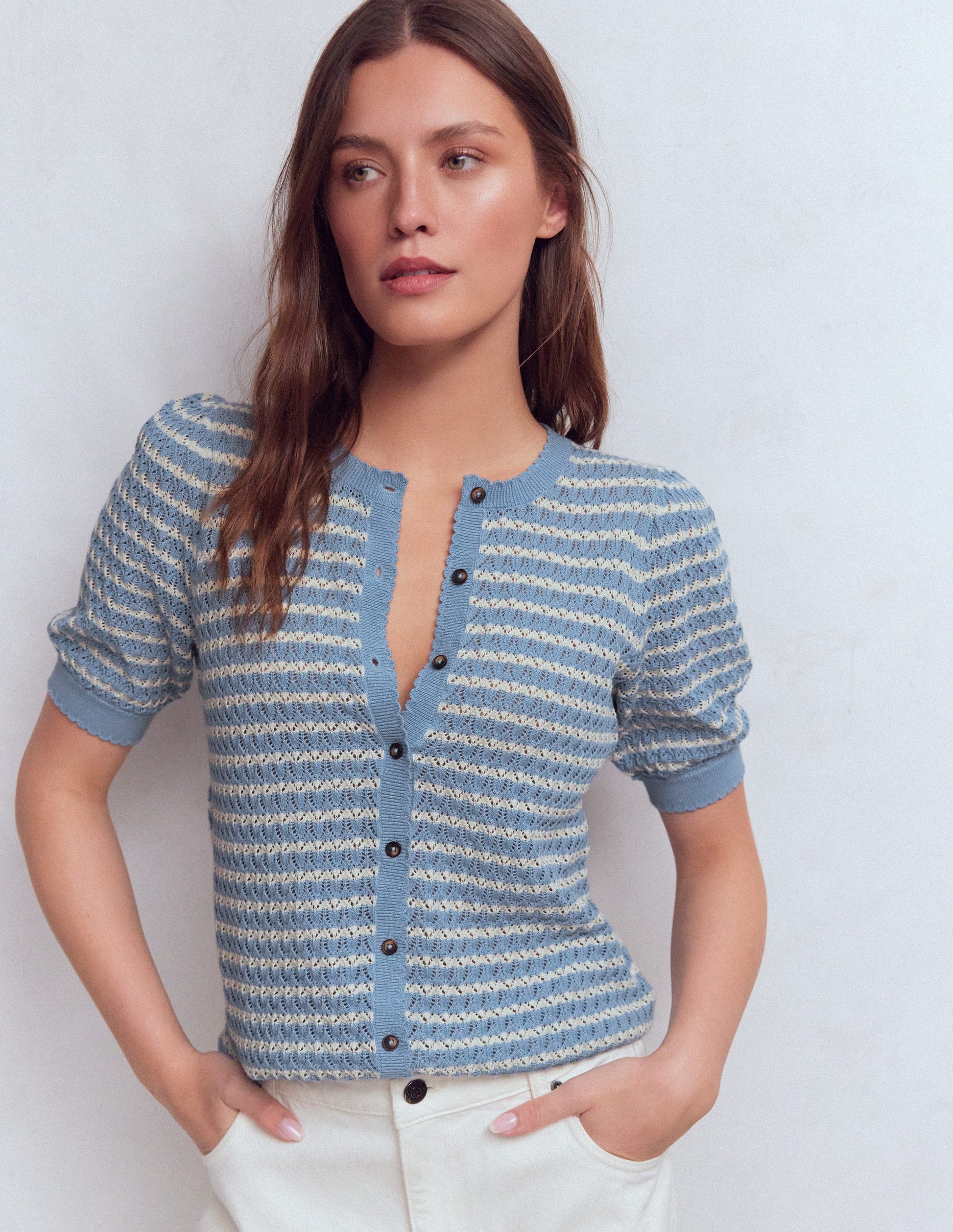 Dot Pointelle Cardigan-Blue Stripe-4