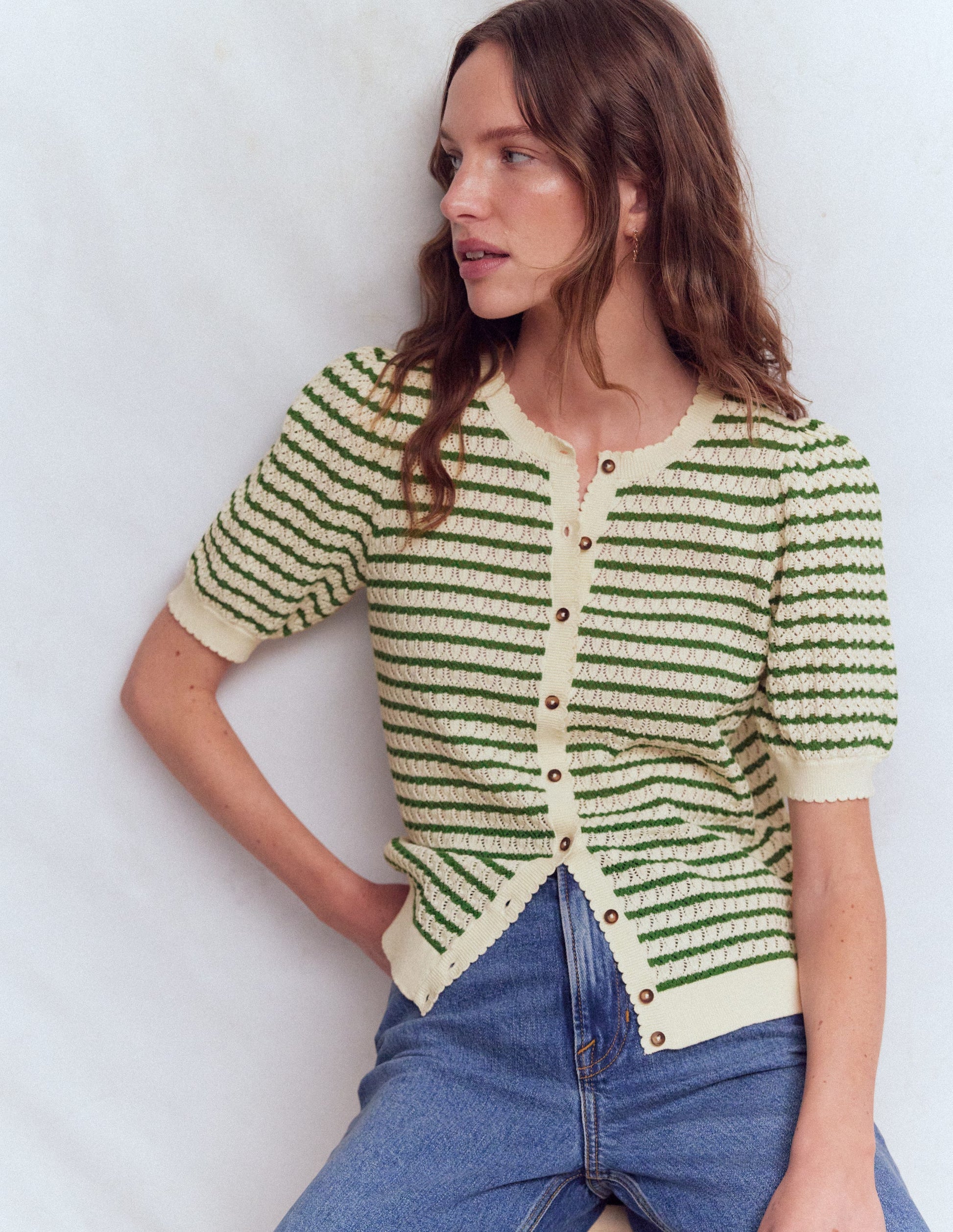 Dot Pointelle Cardigan-Green Stripe-1