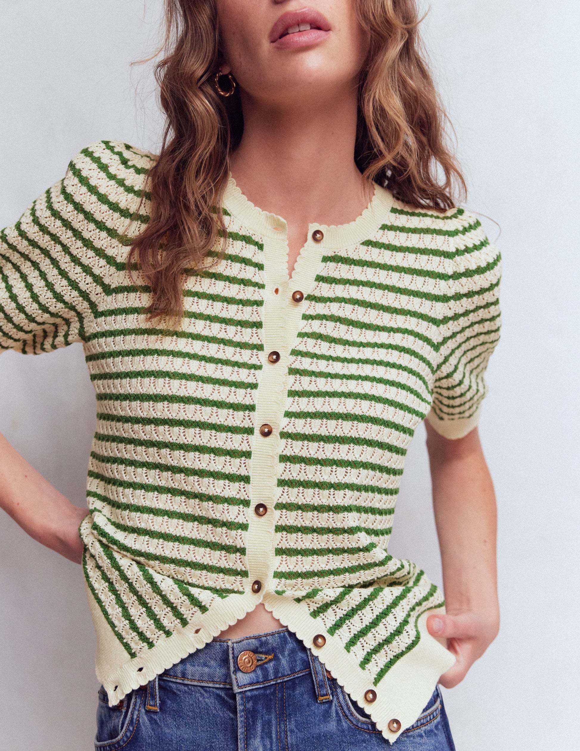 Dot Pointelle Cardigan-Green Stripe-2