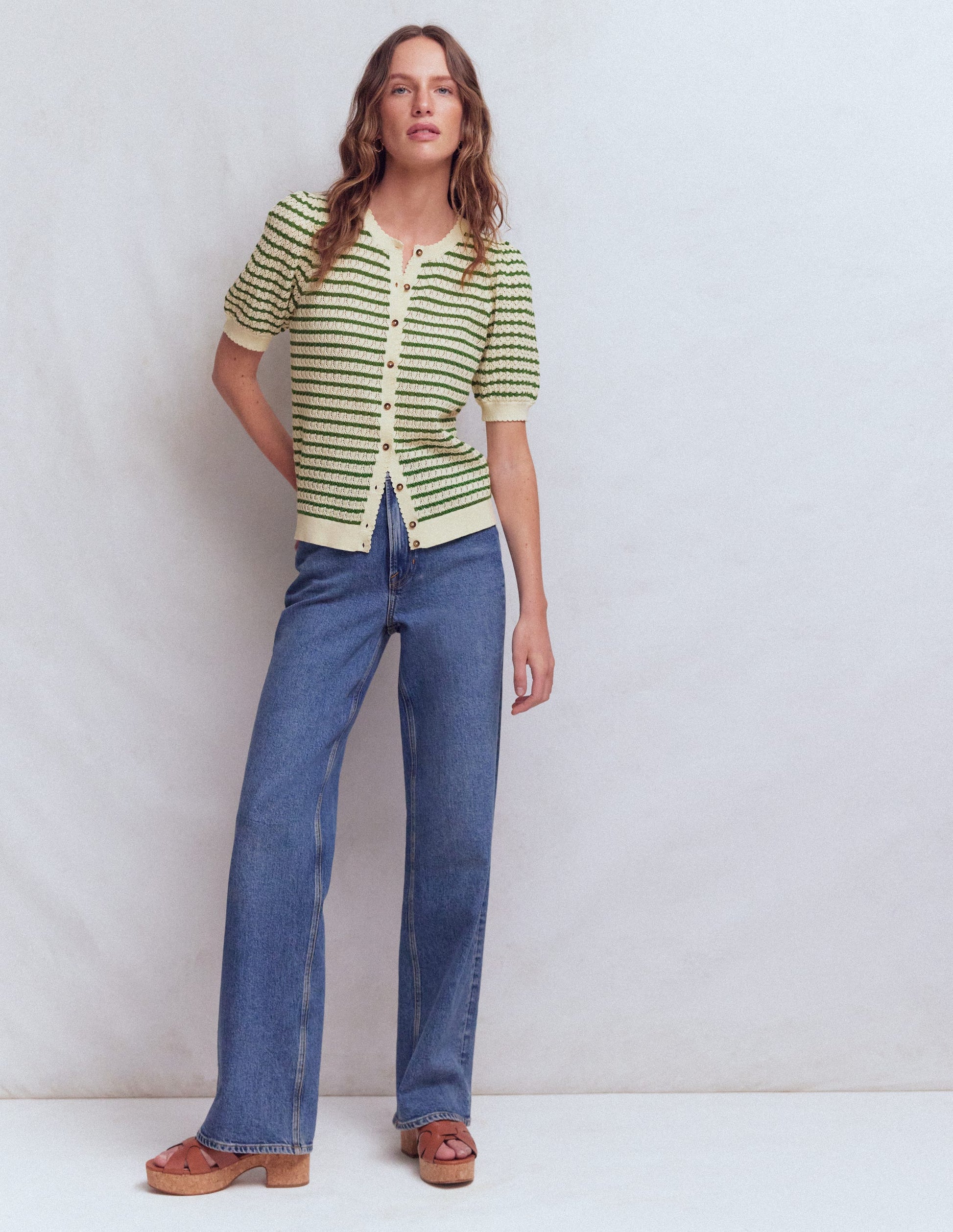 Dot Pointelle Cardigan-Green Stripe-4