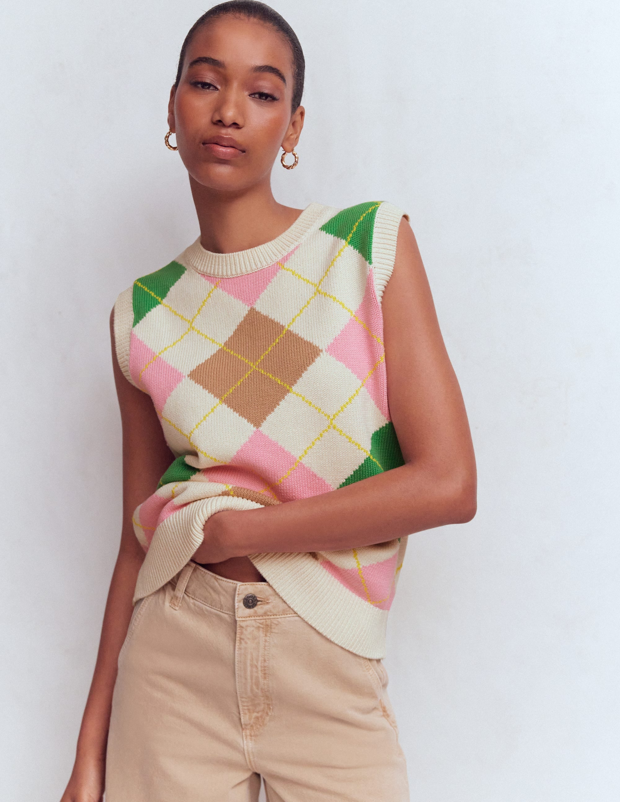 Lucy Cotton Vest-Green, Pink Argyle | Boden USA