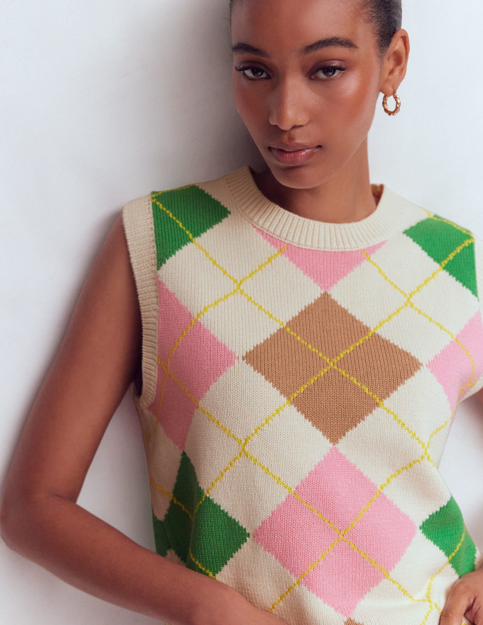 Lucy Cotton Vest-Green, Pink Argyle | Boden USA