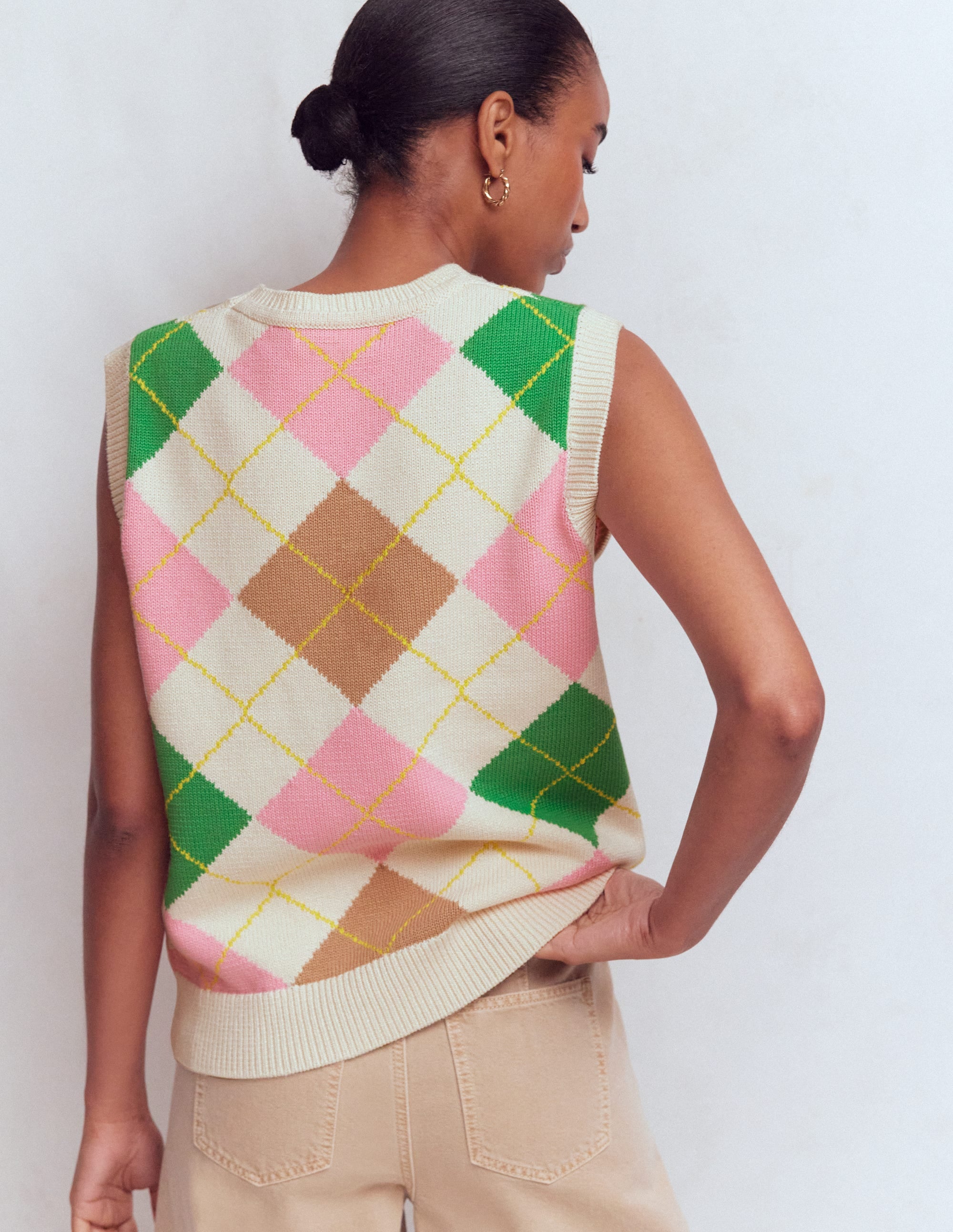 Lucy Cotton Vest - Green, Pink Argyle | Boden USA