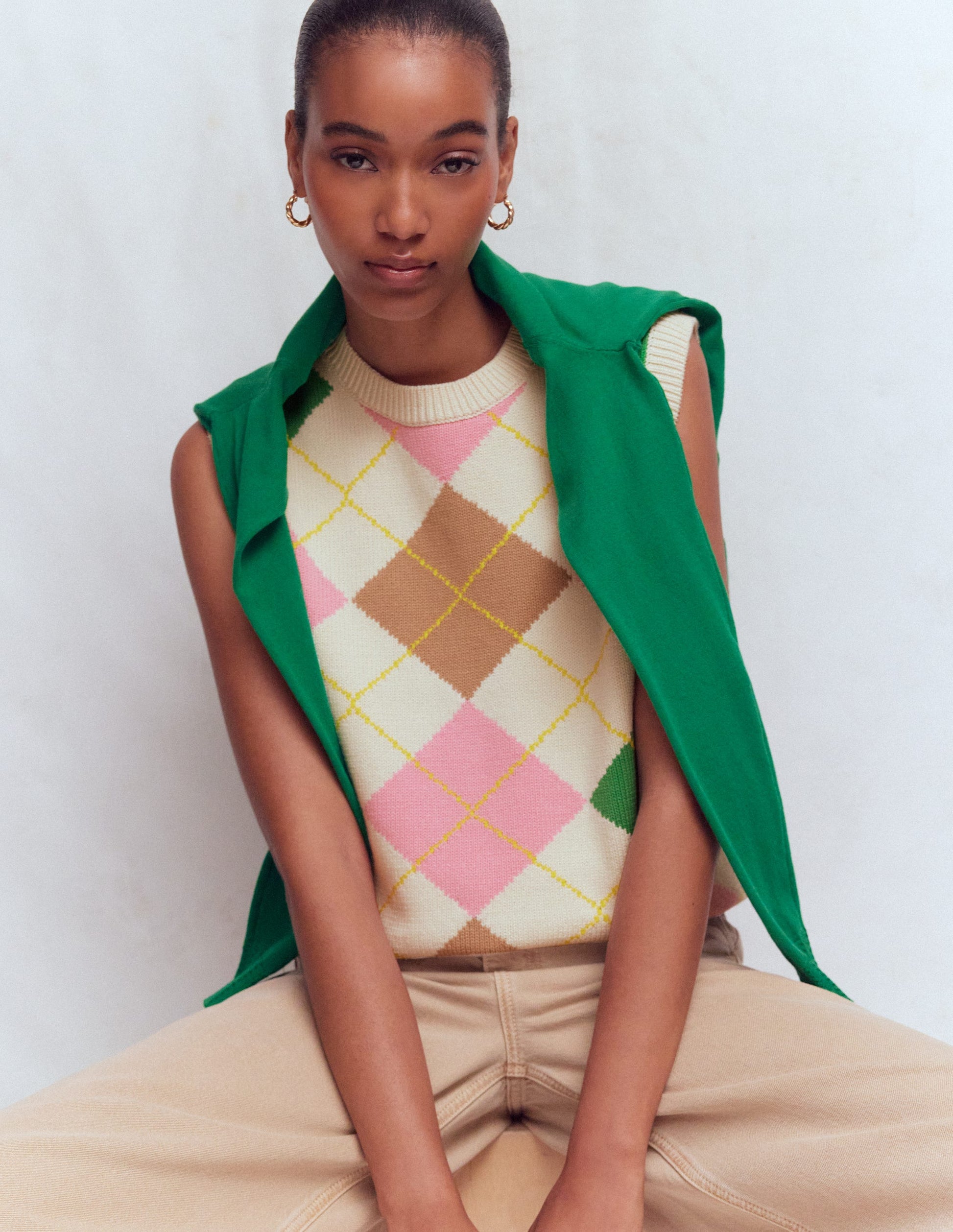 Lucy Cotton Vest-Green, Pink Argyle-4