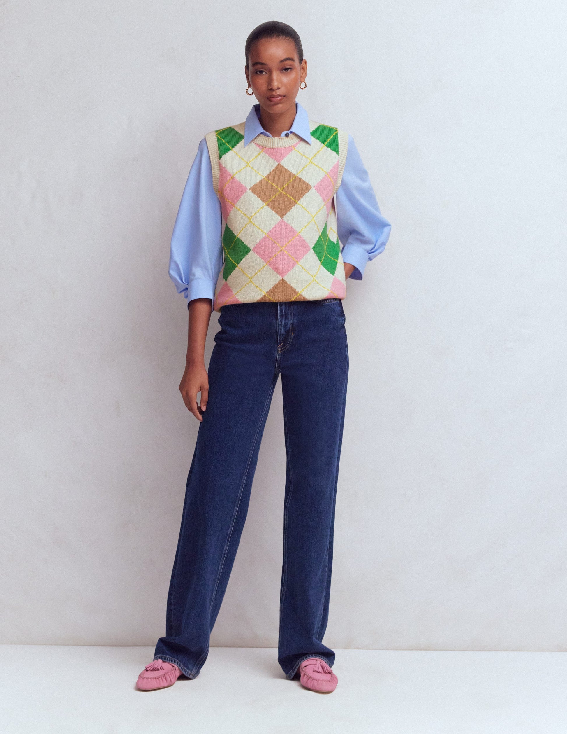 Lucy Cotton Vest-Green, Pink Argyle-5