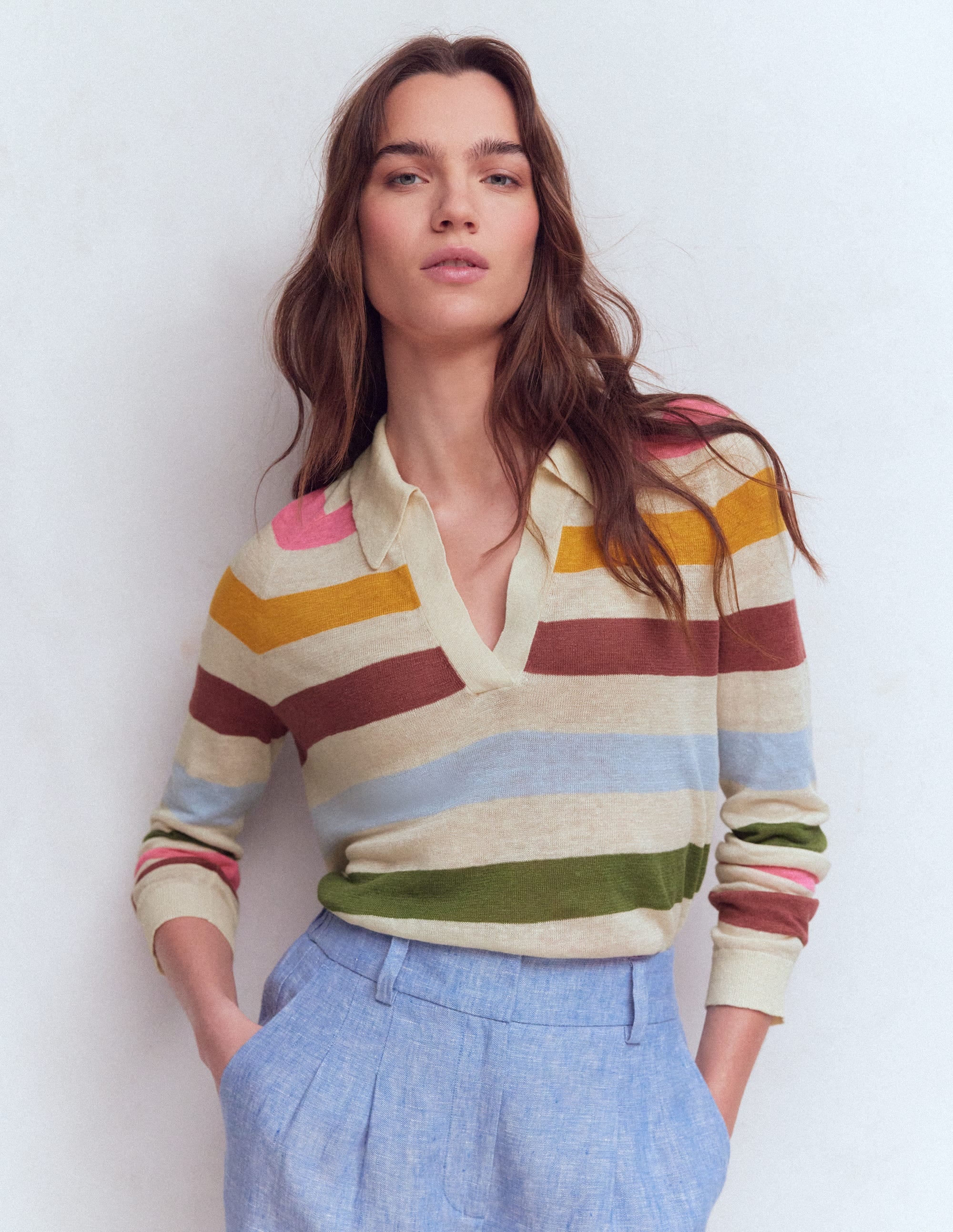 Agnes Collared Linen Jumper-Ivory, Pink, Green Multistripe - Image 4