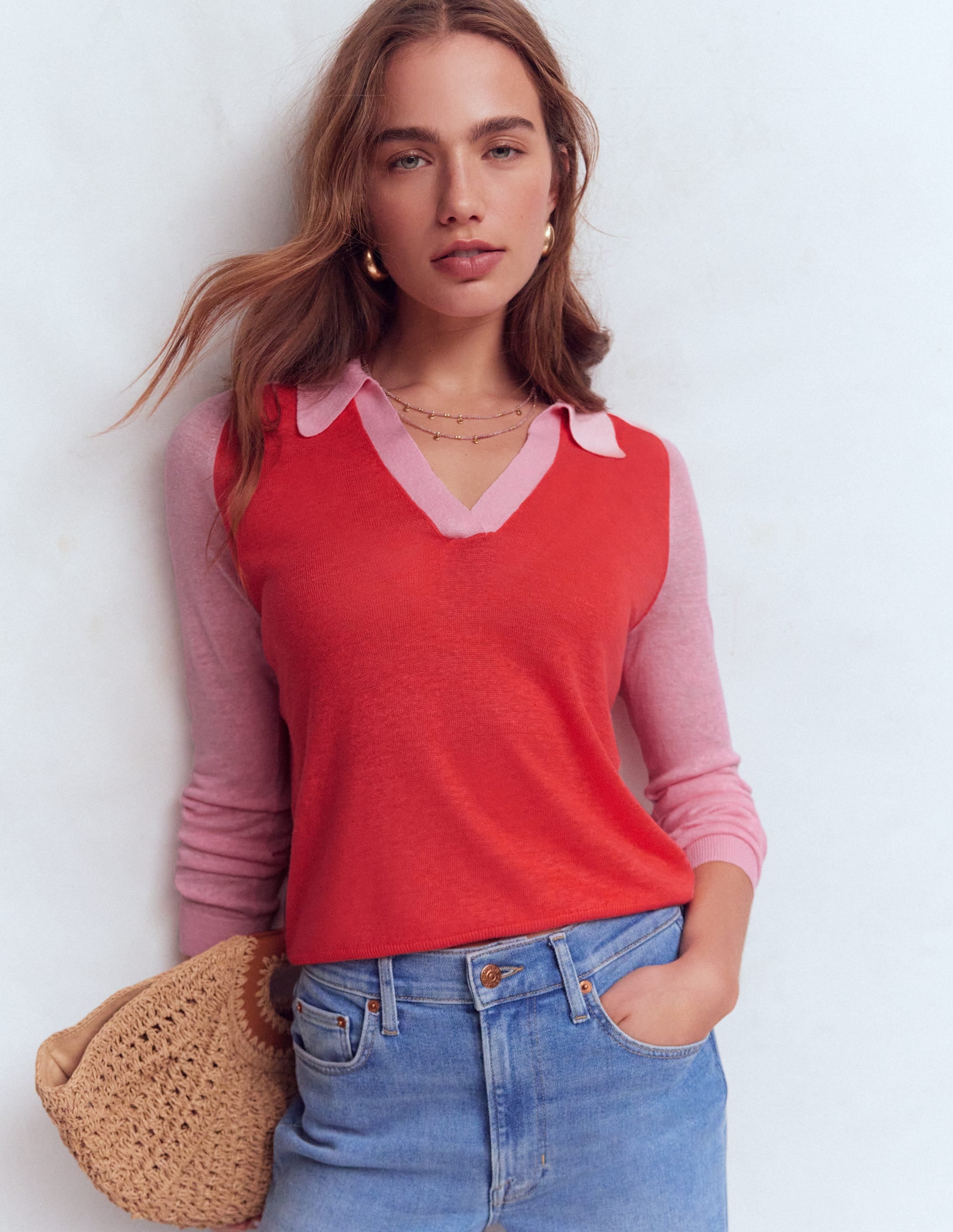 Agnes Collared Linen Jumper-Sunkissed Coral / Formica Pink - Image 1