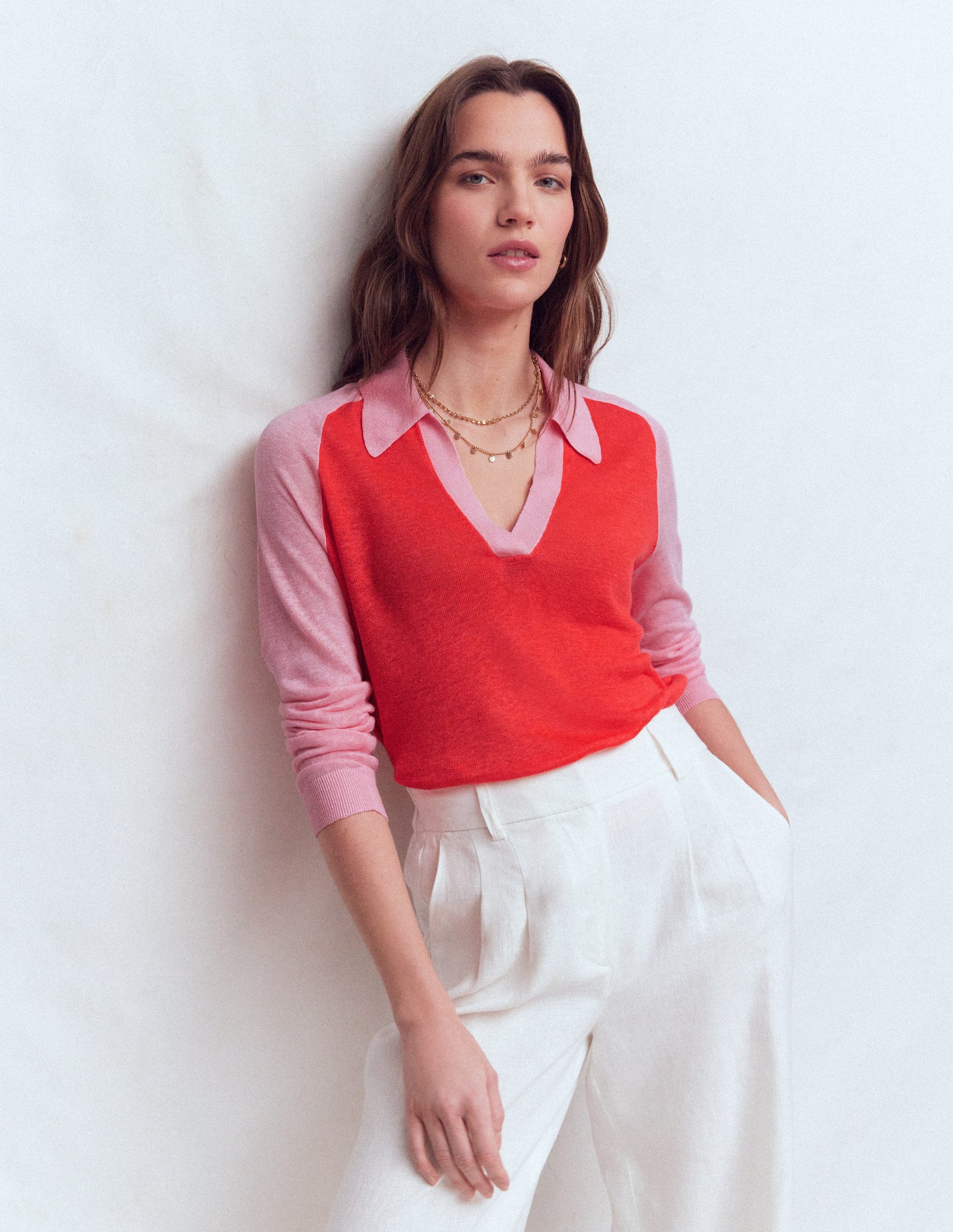 Agnes Collared Linen Jumper-Sunkissed Coral / Formica Pink-5