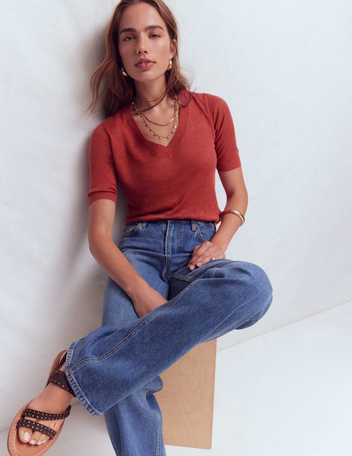 Agnes Linen V Neck T-Shirt-Burnt Orange