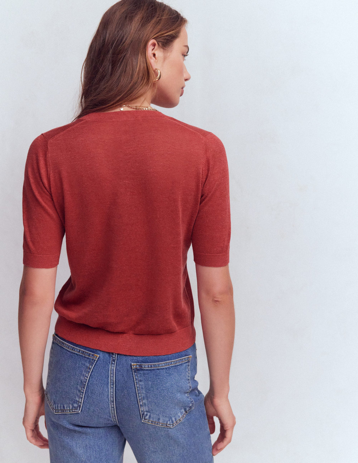Agnes Linen V Neck T-Shirt-Burnt Orange - Image 3