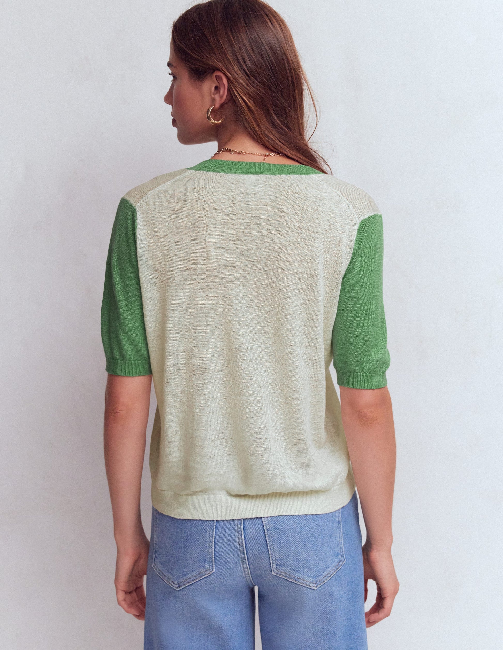 Agnes Linen V Neck T-Shirt-Ivory/ Green-3
