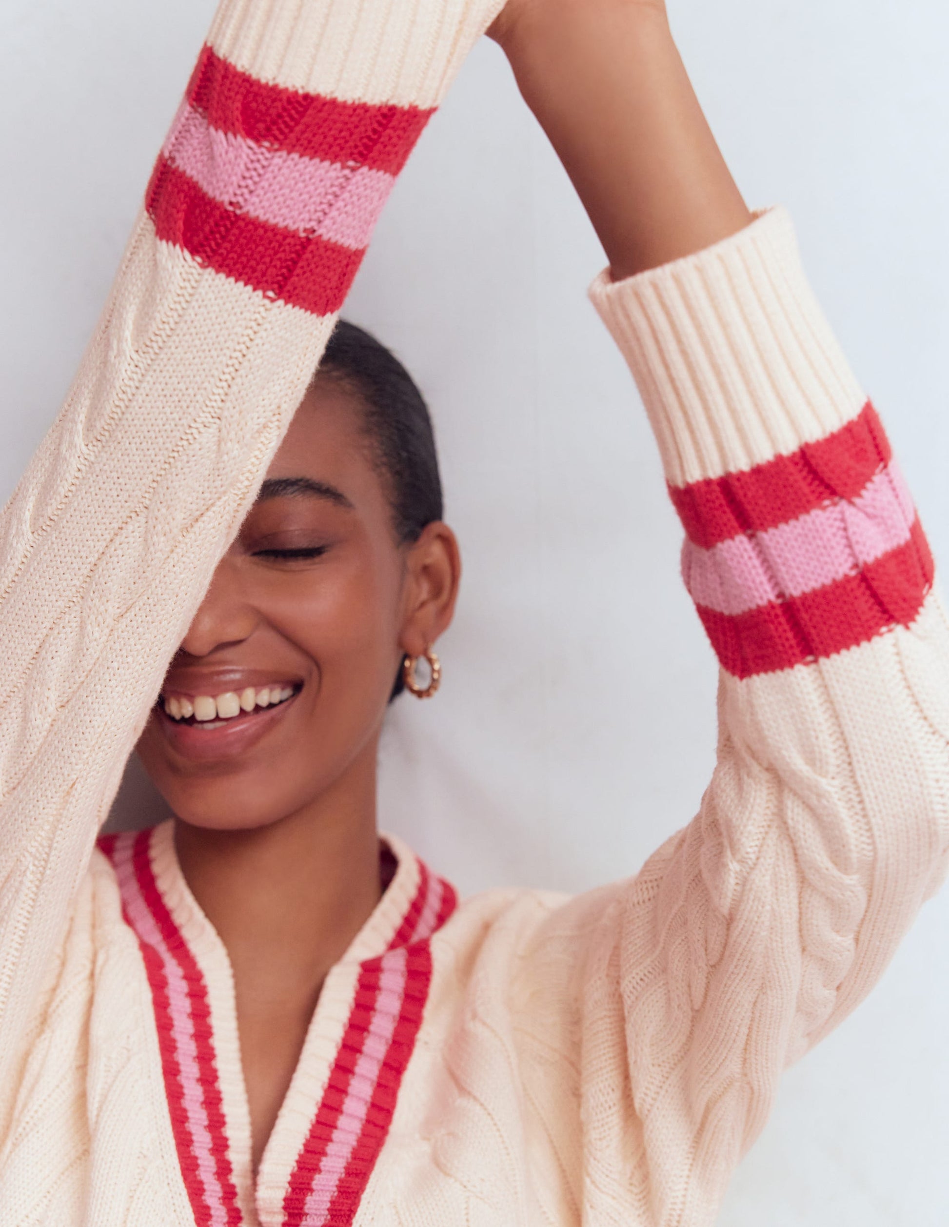 Maeve Textured Cotton Jumper-Ivory Cable, Red-3